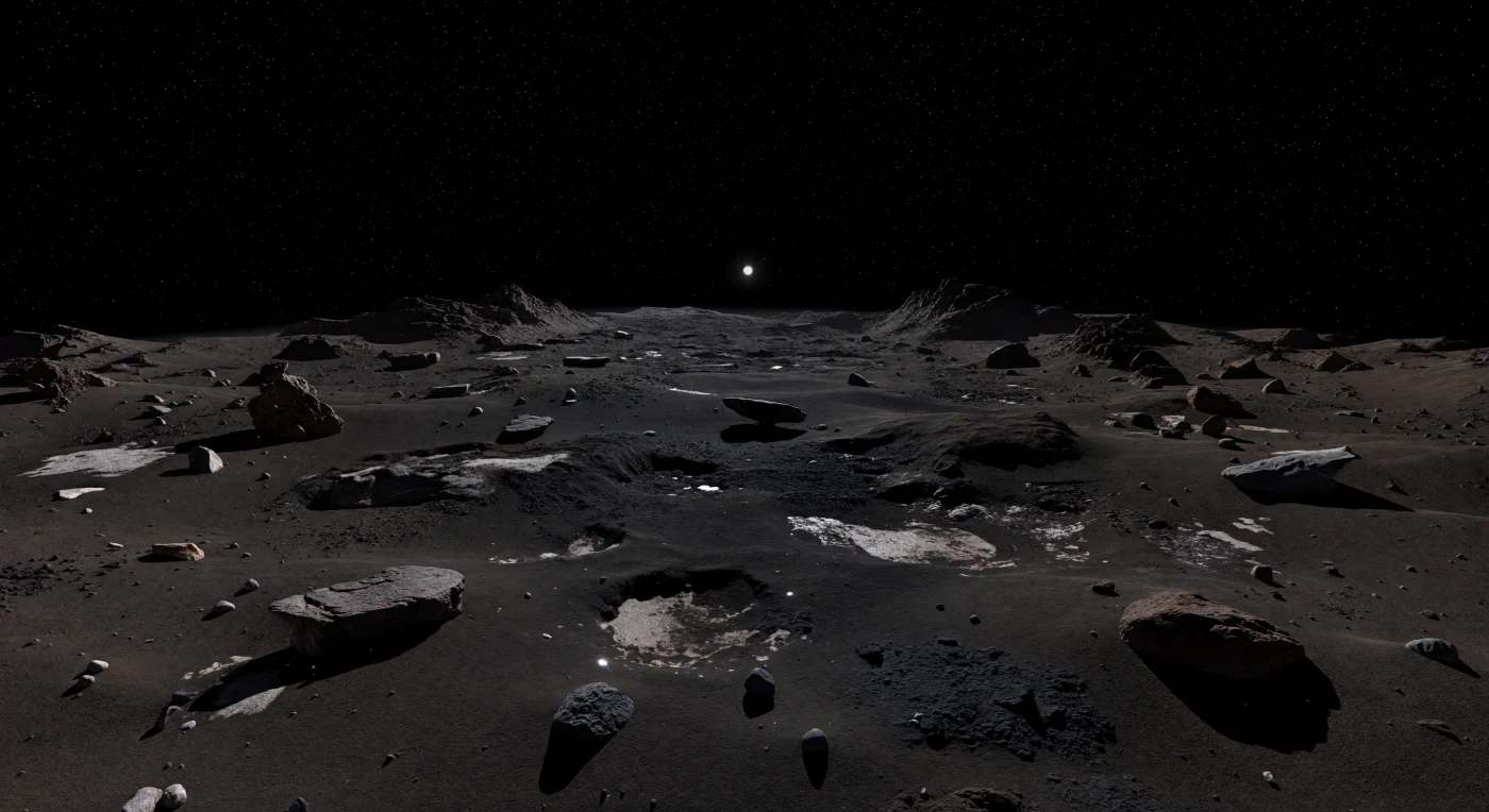 Davanti a te si stende una pianura cometaria silenziosa e liscia, coperta da polvere di ricaduta nerissima, opaca come fuliggine, interrotta solo da blocchi scuri, croste fratturate, piccoli dossi e rare chiazze di ghiaccio sporco intrappolate nelle depressioni. Il suolo, ricco di materiali organici complessi e con un’albedo di appena il 4%, assorbe quasi tutta la luce: il minuscolo disco del Sole, lontanissimo, illumina appena il paesaggio e proietta ombre sottili e taglienti sotto un cielo di vuoto assoluto, nero e fitto di stelle anche in pieno “giorno”. La linea dell’orizzonte appare insolitamente vicina e fortemente curva, rivelando la scala minuscola del nucleo, un corpo fragile e poroso di densità molto bassa dove la gravità è così debole che granelli e minuscoli ciottoli possono restare appena sospesi o derivare lentamente sopra la superficie. Non ci sono nubi, né atmosfera, né segni di attività: solo un’immobilità gelida e cosmica, in cui ogni scarpata, fossa di collasso e sperone isolato racconta una geologia modellata non da acqua o tettonica, ma dalla sublimazione dei ghiacci e dalla lenta ricaduta di polvere in un mondo al limite tra roccia, ghiaccio e vuoto.