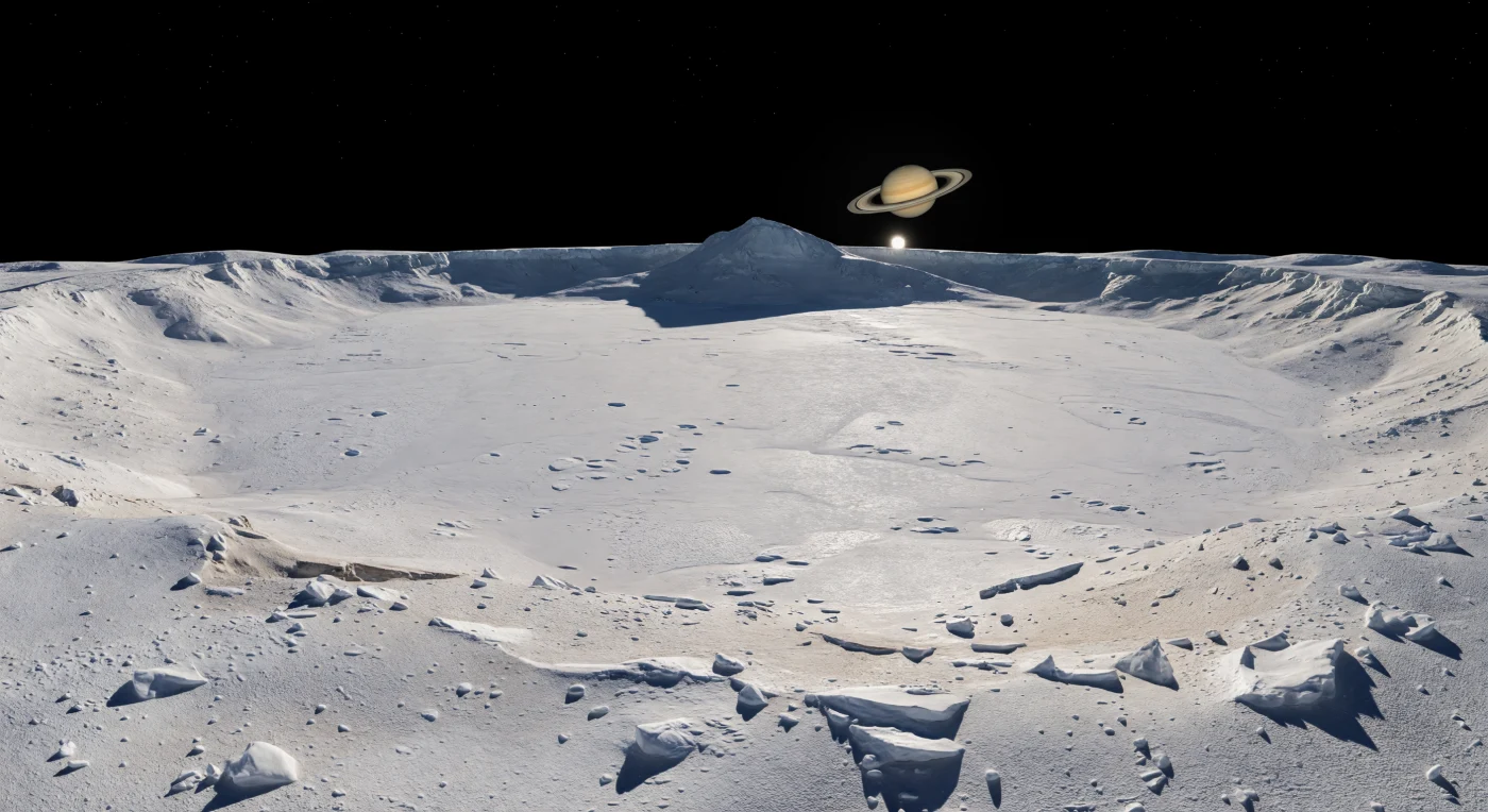 夜明けの低い太陽に照らされた盆地縁から見渡すと、眼前には衛星の直径のほぼ半分を占める浅い衝突盆地が白く弧を描いて広がり、遠い地平線にはその小さな世界の曲率がはっきりと浮かび上がります。足もとには淡い灰白色からまばゆい白までの水氷レゴリスと角ばった衝突破砕氷が散乱し、急峻な岩壁ではなく、低重力下で長い時間をかけて粘性緩和したなだらかな起伏、ほのかな同心円状のしわ、丸みを帯びた小クレーター、再被覆された滑らかな氷原が、ここが岩ではなく氷の地殻でできた古代の衝突地形であることを物語ります。盆地中央には氷の地殻が衝撃で持ち上がってできた巨大な中央丘塊が鈍い輪郭でそびえ、その長く端正な黒い影が、空気のない世界ならではの鋭い光に切り取られて、輝く盆地床を静かに横切っています。頭上の空は大気を持たないため完全な黒で、遠い太陽は小さく冷たい光を投げ、巨大な環をまとう惑星が淡い縞を帯びて宙に懸かる――白い氷の破片ひとつひとつが、凍てついた大陸規模の静寂と途方もない広がりを際立たせる光景です。