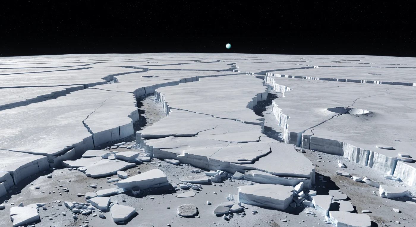 足元には、淡い銀灰色から冷たい白へときらめく高反射の水氷地殻が広がり、その表面を何本ものほぼ平行な地溝が地平線まで切り裂いて、まぶしい白い断層崖と、やや暗い谷底を規則的に繰り返しています。前景には砕けた氷のレゴリス、鋭い角をもつ氷塊、霜をまとった破片、断層で区切られた段差や細い裂け目が生々しく残り、低重力のために崖やテラスの輪郭は驚くほど鋭く、崩れた氷板や再表面化した滑らかな帯がこの衛星の過去の内部活動を物語ります。これらの地形は、岩石を含む水氷の殻が内部加熱によって引き伸ばされ、断層運動で沈み込んだ結果できた巨大なテクトニック・トラフであり、谷底の灰褐色の薄い残留物は放射線で変質した氷や混入した岩質成分を示しています。頭上には大気がほとんど存在しないため完全な黒空が広がり、遠い太陽は小さく鋭い光点として弱いのに硬質な正午の光を投げかけ、氷面の反射を冷たく輝かせながら、キロメートル級の断崖をこの小さな世界のゆるやかに丸い地平へと果てしなく後退させています。