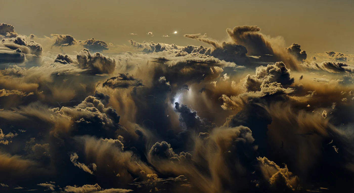 濃い琥珀色とセピアの靄に視界を奪われるこの深層では、地面も水平線もなく、周囲すべてが何百キロメートル級の雲の断崖と対流塔でできた、巨大な大気の峡谷として立ち上がっています。暗い青灰色から木炭色を帯びた水雲の柱が上下にうねり、アンモニウム水硫化物に着色された褐色の層や、雨のように斜めへ流れ落ちる高密度の凝縮物のカーテンが、猛烈な風のせん断で引き裂かれながら深い闇へ消えていきます。ここは固体表面を持たない巨大ガス惑星の内部で、上空から届く太陽光は厚い雲に完全に散乱され、冷たく弱い拡散光しか残りませんが、ひとたび青白い稲妻が走ると、湿った雲壁の縁や渦巻く降下流の溝、崩れかけたかなとこ雲状の膨らみが一瞬だけ鮮烈に浮かび上がります。その閃光が去れば、再び青銅色の薄闇と圧倒的な鉛直スケールだけが残り、まるで液体と気体の境界そのものの中に漂っているかのような、息苦しい異世界の実在感に包まれます。