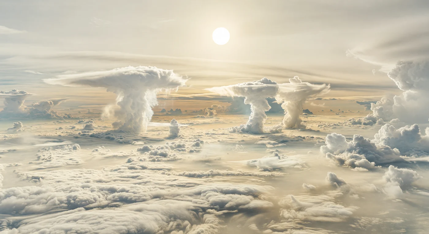 見渡すかぎり大地はなく、探査機の眼下には上部のアンモニア氷雲がつくる乳白色から淡いクリーム色の雲原が、うねる稜線や剪断の筋、低い雲のこぶを重ねながら、はるかに湾曲した地平線まで何千キロも広がっている。そこから純白の対流プルームが巨塔のように噴き上がり、頂部では金床状の薄い雲幕と繊維質の傘へと水平に広がって、風に裂かれた縁や、アンモニア氷粒子のかすかな降下カーテンを宙に垂らす。ここに見える「景観」は岩や海ではなく、水素とヘリウムを主成分とする巨大ガス惑星の上層大気そのもので、明るい雲頂は主にアンモニア氷、淡い金色の空は光化学ヘイズと微細エアロゾルによる強い散乱で満ち、遠い太陽は小さな白い円盤となって正午近くの空からほぼ影のない光を注いでいる。静けさよりも、雲の下に隠れた莫大な鉛直構造と激しい上昇流の気配が支配し、足場ひとつないこの世界では、空そのものが果てしない深さをもつ海のように感じられる。