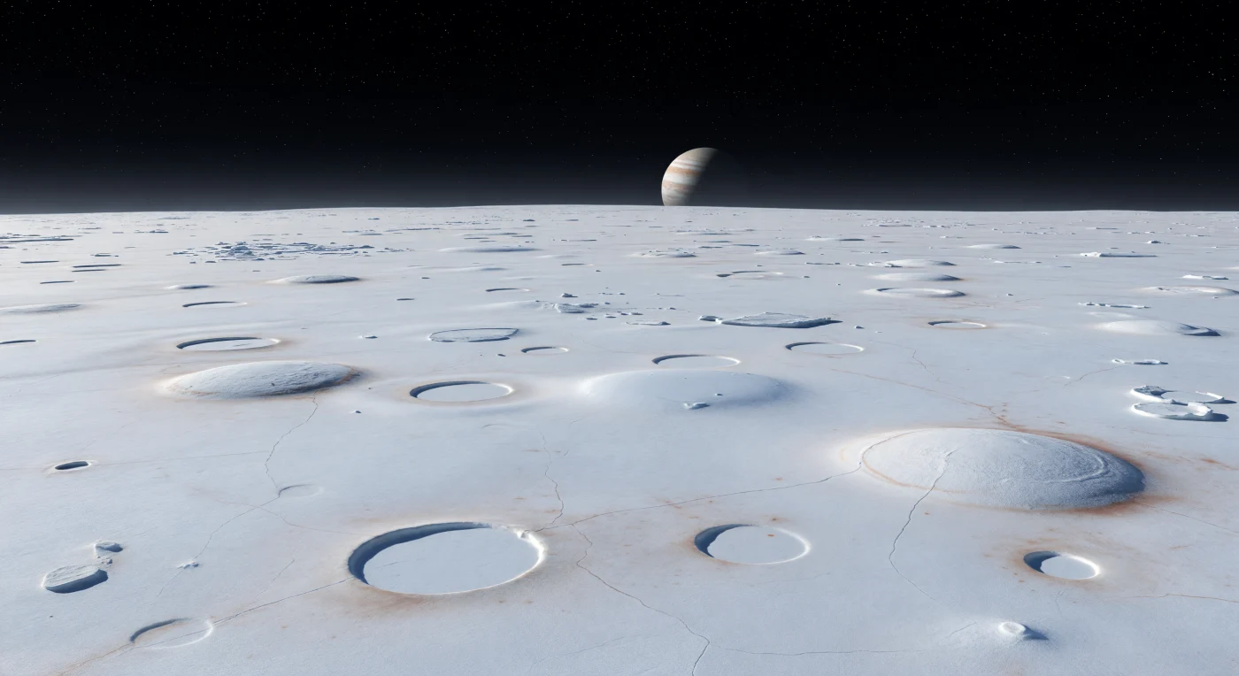 Across this broad icy plain, the ground seems haunted by giant overlapping discs—shallow pits, low domes, and barely perceptible swells several kilometers wide—emerging only where the low Sun catches their rims in blue-gray crescents and glints off the frost. The surface is a hard crust of ancient water ice, bright white to pale blue, dusted with fine frost and streaked with rusty tan radiolytic staining where salts and impurities have been altered by relentless bombardment from Jupiter’s magnetospheric particles. A few broken hummocks and disrupted plates hint that the ice shell here has been subtly mobilized from below, part of a landscape thought to record warm-ice upwellings, partial melt, or diapir-like deformation above a hidden saline ocean. Under the pure black sky of the near-vacuum exosphere, with stars sharp and the horizon gently curved by the small world’s size, the scene feels at once starkly silent and immense—as if you are standing on frozen skin stretched over an active interior.