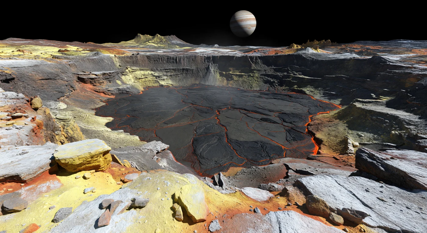 From the shattered rim of a vast volcanic depression, you look down over a horseshoe-shaped abyss where steep, terraced walls plunge to a floor of broken black lava crust, split into drifting plates by thin seams of dull orange melt. The foreground is a brittle mix of sulfur-stained rock, pale sulfur dioxide frost, and granular yellow dust, all etched by sharp fault scarps and angular boulders that seem extra jagged in the low gravity and harsh sunlight. This landscape is the product of relentless tidal heating, which melts silicate rock from within and keeps enormous lava lakes and paterae active, constantly resurfacing the ground with fresh volcanic material while sulfur and sulfur dioxide condense as vivid coatings in cooler areas. Above it all hangs black space instead of a blue sky, and in the stark, razor-edged daylight the glowing fractures, immense scale, and absolute dryness make the overlook feel less like a crater’s edge than the lip of a living, planetary furnace.