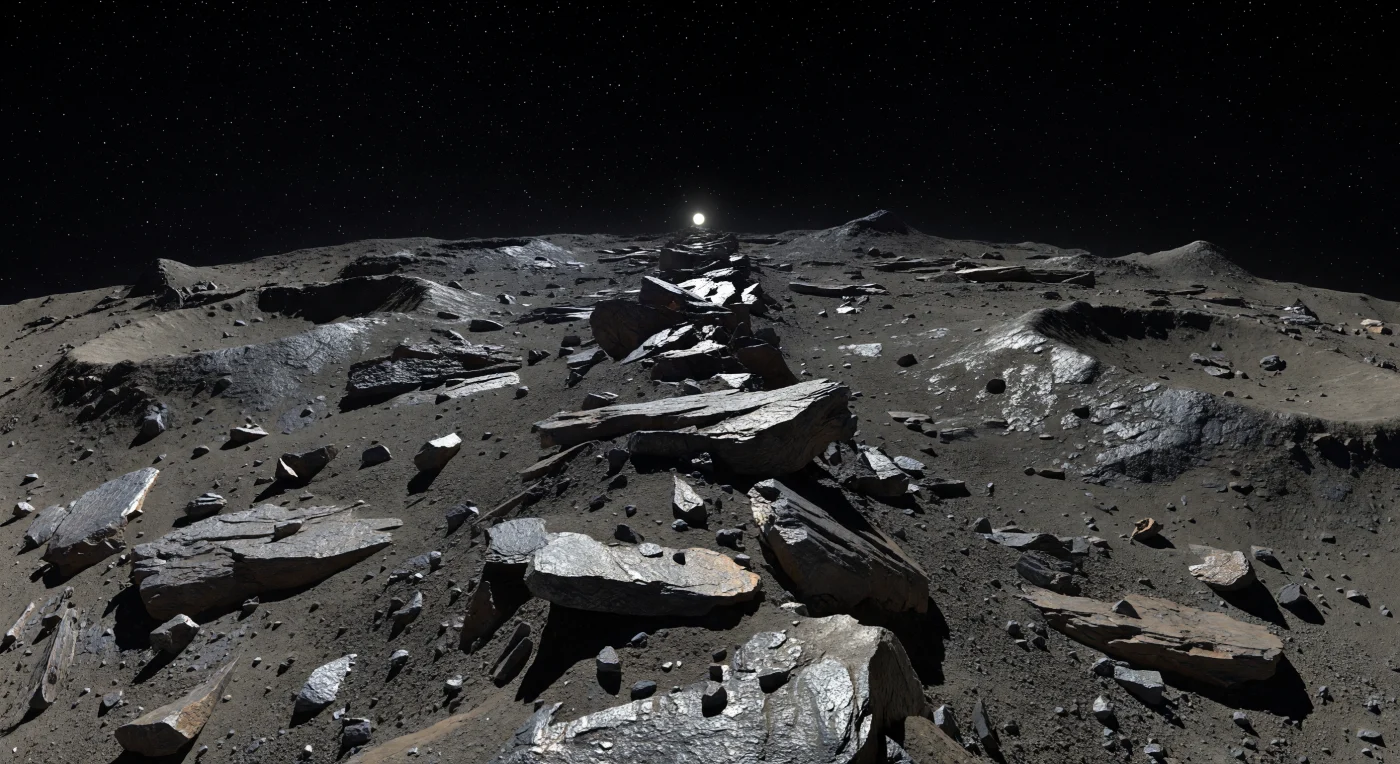 You stand on a ridge only a few meters wide, where jagged slabs of iron-nickel-rich bedrock jut upward through a thin skin of charcoal dust and glittering metallic rubble, each tilted plate and fractured outcrop casting a black, knife-edged shadow far across the plains below. The Sun hangs low as a small hard white disk, dimmer than at Earth yet still fierce in the airless vacuum, so there is no twilight, no haze, and no softening—only stark light, cold specular flashes off metal faces, and absolute darkness in every hollow and crater lip. On both sides, the surface drops away quickly toward a startlingly near, curved horizon, revealing shallow basins, crisp little crater rims, and steep hummocks that look outsized for their height because weak gravity and the absence of wind or water leave every edge sharp. Beneath the black sky, where stars remain visible even in daylight, the landscape feels like the exposed skeleton of an ancient protoplanet: a world of mixed metal and silicate rock, impact-shattered and eerily still.