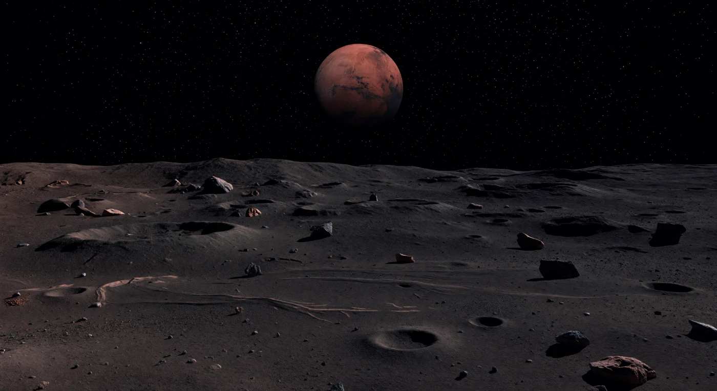 Under a sky of absolute black, the plain stretches away in muted charcoal dust and dark, powdery regolith, its surface broken by tiny bowl-shaped craters, half-buried stones, and low rims whose shadows fall into pure darkness. The only light comes from the vast rust-red disk hanging overhead, bathing upper slopes in a faint copper glow while undersides of boulders, pits, and shallow fracture-like grooves vanish into razor-sharp black, a consequence of the hard vacuum and complete lack of atmosphere. This dark, fine-grained surface is rich in carbonaceous, dust-laden material, and in the moon’s extremely weak gravity even modest impacts can leave crisp ejecta blocks and loosely slumped patches of soil undisturbed for long spans of time. With the horizon unnaturally close and enormous Mars fixed above it, the scene feels both intimate and immense, a silent, frozen landscape where every grain, craterlet, and star stands out with eerie clarity.