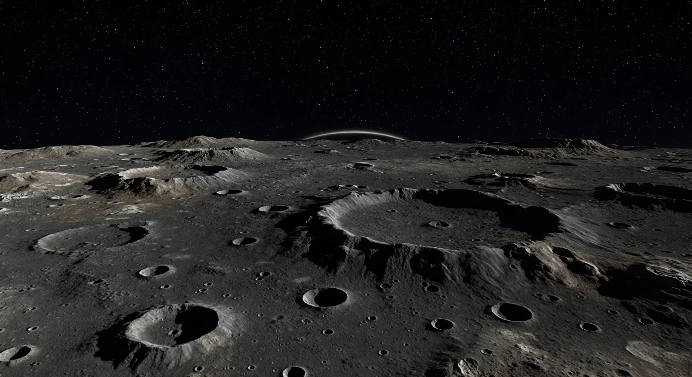 Under a perfectly black, airless sky, the ground stretches away as a desolate field of craters, shattered bedrock, and dusty regolith in muted charcoal, brown, and ash-grey, with only starlight teasing out the rims of ancient impacts and the broken edges of boulders. In this vacuum, there is no haze, no glow, and no twinkling—stars burn with hard, steady brilliance while wrinkle ridges and towering lobate scarps, raised as the planet’s interior cooled and contracted, cut across the darkness like frozen tectonic waves. The surface is brutally old and barely softened by erosion, preserving sharp crater walls, ejecta blankets, and subtle patches of darker low-reflectance material beside lighter plains, all revealed only as faint tonal contrasts and knife-edged black shadows. On the far horizon, a razor-thin crescent of sunlight marks the distant subsolar region still weeks away, a reminder of the world’s sluggish day-night cycle and of the staggering temperature extremes that grip this silent, star-lit wasteland.