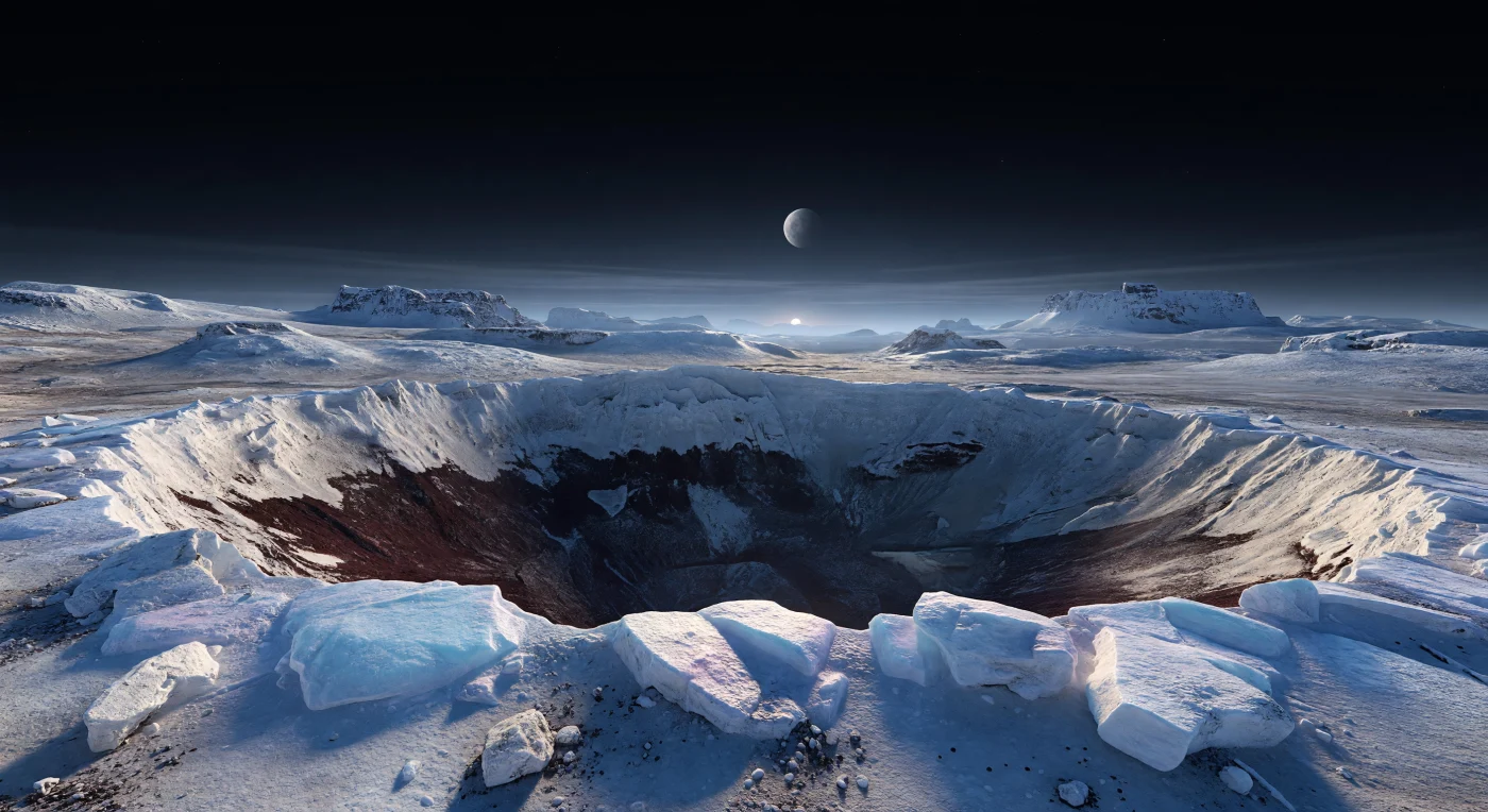 At the crater’s edge, brittle slabs of water-ice bedrock are glazed with methane frost and patches of nitrogen ice, so bright in the Sun’s last grazing light that they shimmer white, pale cyan, and faint lavender against the encroaching dark. Beyond your feet, the rim falls steeply into a vast shadowed bowl where reddish-brown tholin deposits—complex organic residues made by radiation processing of atmospheric gases—collect along terraces and lower slopes, tracing slow sublimation, frost migration, and downslope movement in this intensely cold environment. Farther out, ancient icy uplands and blocky mountains rise with improbable steepness under weak gravity, while near the horizon a thin nitrogen atmosphere lays down delicate blue haze bands that barely soften the blackness of space. Above it all hangs Charon as a large, bright disk in the twilight sky, making the frozen silence and immense scale of this distant landscape feel both starkly alien and physically real.