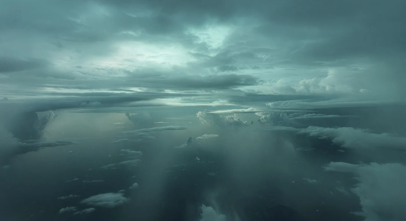 You are suspended in a vast, dim interior sky where there is no horizon and no ground—only layers of teal-gray haze and immense cloud decks fading into a cold, lightless depth below. Far overhead, a pale cyan ceiling of stratified methane-rich clouds glows faintly with sunlight weakened by nearly twenty times Earth’s distance from the Sun, diffused so thoroughly through hydrogen, helium, and hydrocarbon aerosols that it becomes a soft, directionless blue-green radiance with almost no shadows. Around you, city-sized eddies, rolling fog banks, and ghostly curtains of condensate drift through the murk, revealing an atmosphere of enormous scale and rising pressure rather than any solid surface. The effect is eerily quiet and oppressive: an alien ocean of cloud and chemistry, where the visible world is nothing but luminous mist suspended above an abyss of deeper unseen layers.