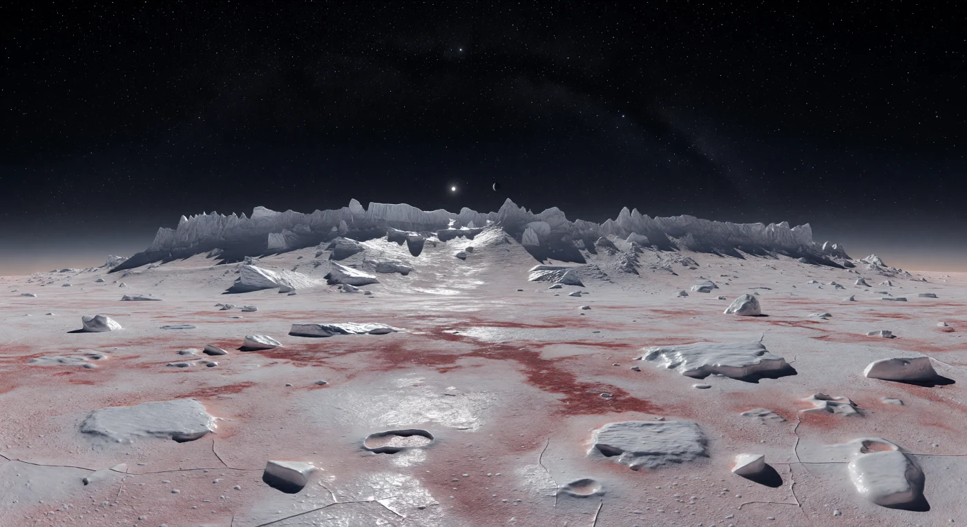 At the edge of night, a jagged ridge of ancient water-ice bedrock rises from a broad frozen plain, its knife-like crests glowing faintly above a red-white-grey mosaic of methane, ethane, and nitrogen frosts stained by darker tholin-rich organic material. The dwarf world’s curvature is visible along the horizon, emphasizing both its small planetary scale and the immense emptiness of this airless terrain, where sublimation pits, contraction polygons, and angular ice boulders have remained nearly undisturbed for billions of years in extreme cold and vacuum. In the black sky, crowded with stars and the Milky Way, the Sun appears only as a tiny, piercing point of white light, casting razor-sharp shadows across the frost, while far above the ridge MK 2 hangs as a faint dusky speck. Standing here, you would see a landscape of preserved volatile ices and radiation-darkened organics suspended in perpetual stillness, beautiful and severe under the weakest daylight in the Solar System.