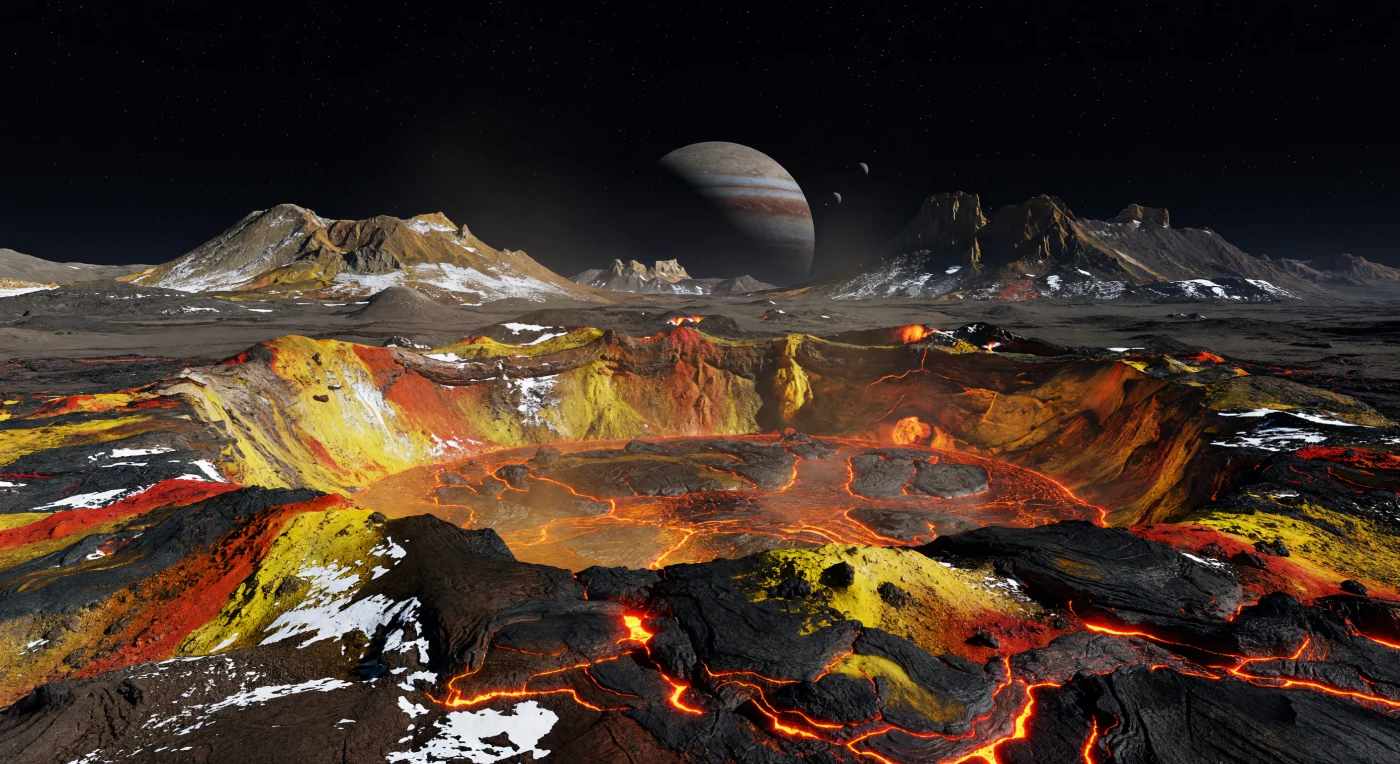 At the edge of the dark volcanic depression, a vast lava lake burns through a shifting mosaic of black crustal rafts, its orange-yellow glow pouring from red fissures and reflecting off jagged silicate walls stained with sulfur in yellows, ochres, and deep rust-reds. In the weak gravity, the patera’s scalloped scarps and isolated mountains rise with startling steepness, while patches of white sulfur dioxide frost cling to the coldest shadows only a short distance from rock hot enough to shimmer. This is a silicate world resurfaced again and again by intense volcanism, where tidal flexing from a giant neighboring planet drives internal heating powerful enough to sustain some of the hottest eruptions known, erasing most impact craters almost as fast as they form. Above, the sky is airless and perfectly black, stars remain razor-sharp, and the lava’s flickering light—sometimes joined by a faint cold sheen from the giant planet overhead—casts hard shadows across a landscape that feels both frozen in vacuum and violently alive.