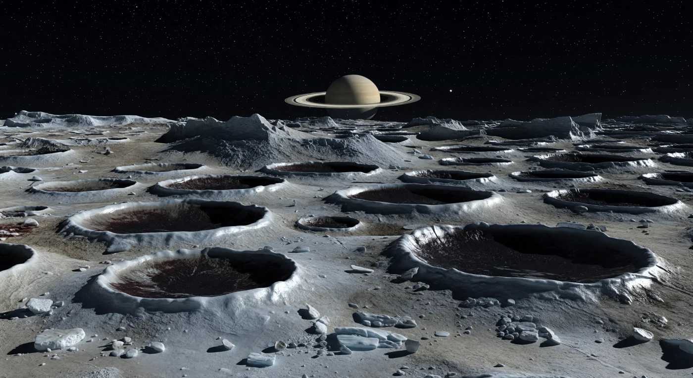 In the cold dark of local night, the ground appears like a shattered frozen sponge: pale, brittle water-ice regolith and fractured bedrock spill between steep, cup-shaped craters whose sharp silver-gray rims catch the faint reflected glow of the giant ringed world hanging overhead, while their floors sink into almost absolute blue-black darkness. This landscape owes its uncanny texture to an extraordinarily porous, low-density icy body, where weak gravity preserves crisp edges, overlapping impact scars, and scattered angular ice blocks, with some crater bottoms stained by mysterious reddish-brown to charcoal dark material mixed into the ice. Beyond the intimate foreground rubble, densely packed craters and hummocky ice highlands stretch to a broken horizon, emphasizing the small, irregular shape of the world beneath your feet. Above, in a sky made perfectly black by the total absence of atmosphere, clouds, or haze, a dense untwinkling starfield surrounds the softly banded disk and luminous rings whose feeble Saturnshine paints the entire scene in restrained tones of dirty white, gray, silver, and shadow.