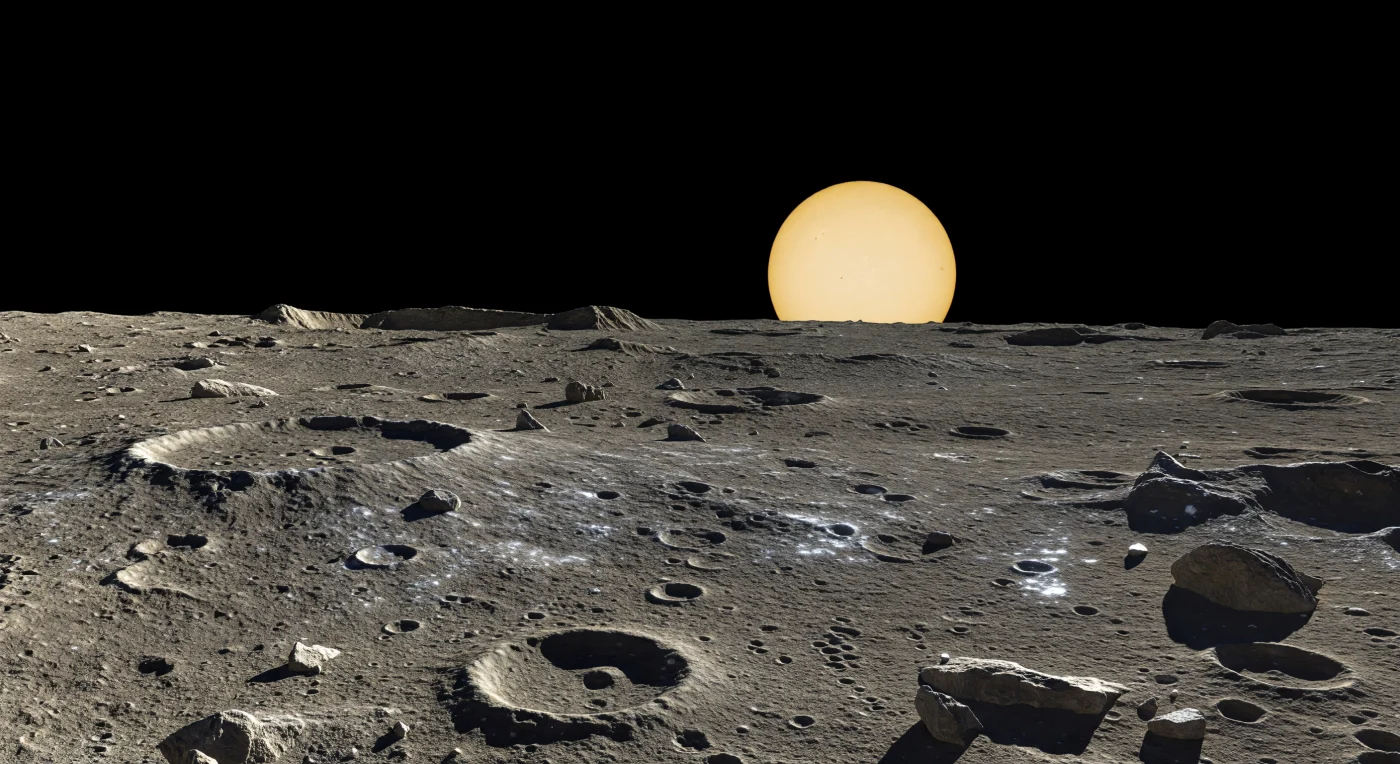 Voor je strekt zich een golvend, door inslagen getekend landschap uit van grijsbruine regolith, bezaaid met hoekige rotsblokken, heldere straalpatronen van verse kraters en verre klifruggen die zijn ontstaan toen de korst samentrok terwijl het inwendige afkoelde. Aan de messcherpe horizon zakt een reusachtige Zon, hier bijna drie keer zo groot als gezien vanaf de aarde, weg in een bleke oranje gloed—niet door een echte atmosfeer, want de hemel blijft volkomen zwart, maar door het felle, laag invallende licht en trillende hitte boven een oppervlak dat in daglicht tot ongeveer 430 °C kan oplopen. Door de bijzondere 3:2 rotatie-resonantie lijkt de Zon even stil te hangen, keert schijnbaar kort terug boven de horizon en gaat dan pas definitief voor de tweede keer onder: een zeldzaam dubbel zonsondergangsmoment dat alleen in deze extreme wereld mogelijk is. De schaduwen zijn lang, hard en pikzwart, de grens tussen dag en nacht snijdt geometrisch precies door de oude vulkanische vlakten en overlappende kraters, en je voelt hoe tijd, hitte en stilte hier op een bijna buitenaardse schaal samenkomen.