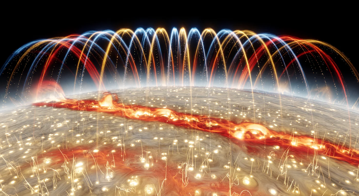 Na een krachtige uitbarsting hangt de lage chromosfeer nog na te gloeien in twee parallelle, oranje-rode linten van heet plasma, waar magnetische voetpunten als heldere, korrelige plekken in de gloed zijn ingebed. Daarboven rijst een monumentale arcade van pas opnieuw verbonden magnetische lussen op, tientallen duizenden kilometers overspannend, met fel wit-blauwe toppen die omlaag verlopen via geel en goud naar rood in de dichtere lagen eronder; langs die bogen beginnen fijne condensaties van coronal rain traag af te stromen als minuscule, afzonderlijk zichtbare plasma-druppels. Onder dit alles strekt zich geen vaste grond uit, maar een zee van zonnegranulatie: duizenden kilometer brede convectiecellen gescheiden door donkere intergranulaire sleuven, badend in zelflichtende straling van de fotosfeer en de veel hetere corona. Het geheel voelt buitenaards en immens, alsof je zweeft in een gelaagd vuurlandschap waar magnetische krachten de echte architecten zijn van bergen, bogen en vallende regen.