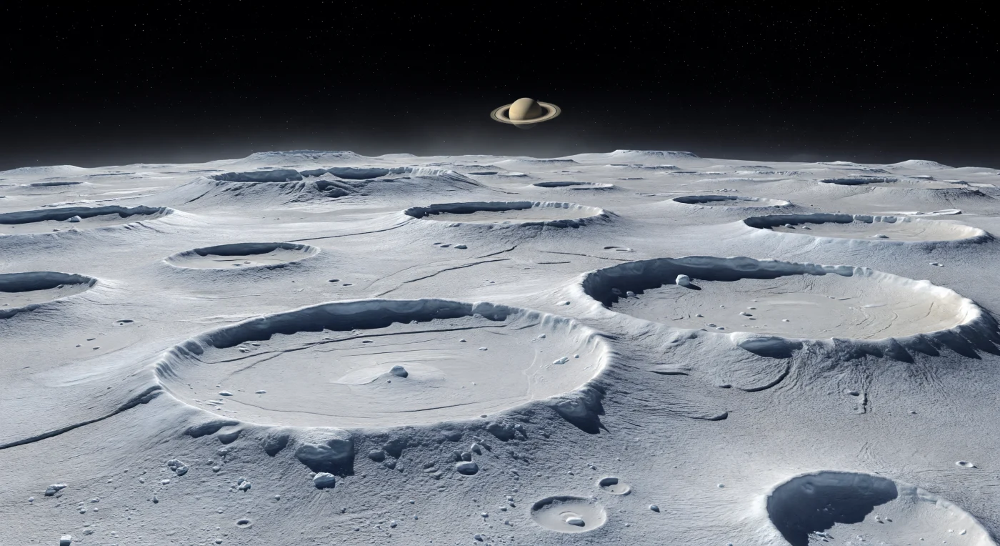 Vanaf een lage ijzige rug kijk je uit over een eindeloos veld van elkaar overlappende inslagkraters, waarvan de afgeronde, schitterend witte randen en gladde bleek grijsblauwe bodems verraden dat dit oeroude terrein langzaam is vervormd door viskeuze ontspanning in keihard waterijs. Tussen de kraters liggen zacht golvende vlakten, smalle tektonische groeven, kleine secundaire putten en hier en daar steile richels die in de extreem lage zwaartekracht bewaard zijn gebleven, terwijl rijp, helder ijsstof en licht door straling verkleurde vorst het landschap subtiel tinten in zilver, cyaan en koel grijs. De horizon buigt opvallend scherp en dichtbij weg, waardoor de kleine schaal van deze wereld bijna tastbaar wordt, terwijl de verre kraterranden toch hoog boven de kromming lijken uit te rijzen. Onder een volkomen zwarte hemel zonder waas of wolken werpt de piepkleine, verre Zon messcherpe donkerblauwe schaduwen, zodat elke ijsrichel, elke breuk en elk blok in het felle, kille licht met buitenaardse helderheid naar voren springt.