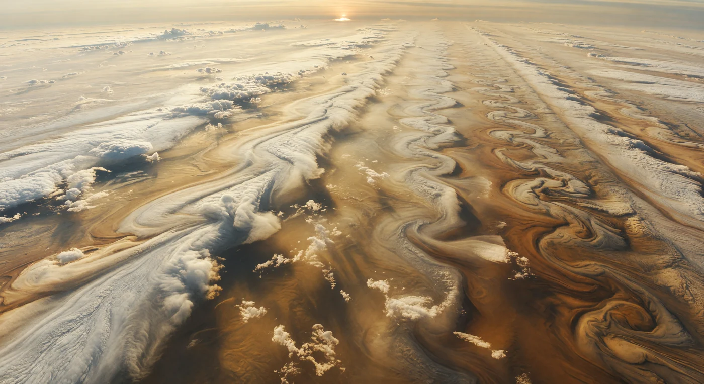 Bij dageraad zweef je boven een eindeloze wolkenwereld zonder vaste grond, waar een grens tussen lichte zones en donkerdere gordels uiteenvalt in reusachtige, evenwijdige banen: aan de ene kant rollen heldere, gevlochten linten van ammoniakijs in roomwitte banken en sluiers, aan de andere kant worden tan-, oker- en kaneelkleurige nevels van ammoniumhydrosulfide uitgerekt tot dichte filamenten en geschulpte strepen. Deze patronen worden strakgetrokken door zonale winden van ongeveer 100 tot 180 meter per seconde, terwijl lage golfstructuren, draaikolken, opbollende wolkentoppen en diepe troggen een subtiel reliëf geven aan een atmosfeer die zich over duizenden kilometers herhaalt tot aan de horizon. Het kleine, verre zonschijfje hangt net boven de rand van de wereld en strooit zwak goud licht door de bovenste lagen van waterstof, helium en aerosolen, zodat witte kammen warm oplichten en koperkleurige schaduwen wegzinken in amberkleurige nevel. Alles voelt kolossaal en onwerelds: geen bergen, geen vlakten, alleen een levende, chemisch gelaagde luchtzee waarin de snelle rotatie van de planeet de wolken tot strakke banden en shear-fronten kneedt.