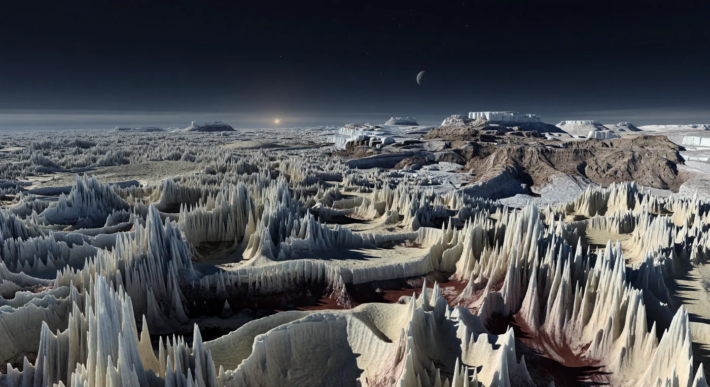At ground level, the landscape rises into a frozen maze of knife-edged ridges and towering penitente-like blades, their pale methane- and nitrogen-rich ice glowing faintly under a tiny, distant Sun while deep bowls between them fall into cold blue-gray shadow. These spires, soaring up to about 500 meters above the troughs, have been carved not by wind or flowing water but by sublimation, as volatile ices slowly turn directly to gas in the brutal cold, leaving behind fluted faces, serrated crests, and dark reddish-brown tholin-rich lag in sheltered hollows. Beyond the foreground, the blade fields stretch toward fractured scarps and blocky mountains of stronger water ice, with a faint bluish haze lying low against a nearly black sky, hinting at the thin nitrogen atmosphere above. The effect is both majestic and unsettling: an immense, silent wilderness of brittle ice and shadow where every ridge looks sharp enough to cut the dim light itself.