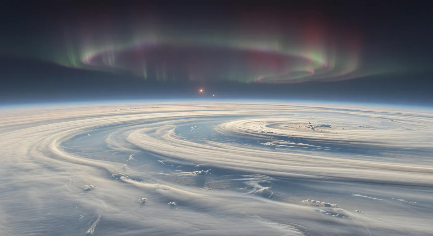 At these polar heights, there is no ground at all—only immense terraces of ammonia-water cloud and thin bluish haze, curving away like frozen surf beneath a darkening sky. The pale ivory and blue-gray decks are sculpted by high-altitude winds into streamers, shallow vortices, and softly swollen convective domes, revealing the restless dynamics of a cold hydrogen-helium giant whose upper atmosphere sits near roughly 180 K. Across the far horizon, broad auroral veils in faint green, violet, and subdued crimson ripple through the near-black sky, likely tracing charged particles guided by a planetary magnetic field into the upper atmosphere. With the two suns reduced to a weak twilight glow low beyond the cloud arcs, the aurora paints only the slightest color onto the cold haze, and the vast curved horizon makes the scale feel planetary in the most literal sense.