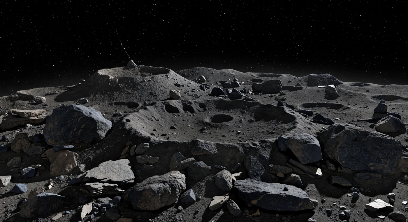 Under a pure black sky crowded with steady stars, the high-latitude surface is a cramped wilderness of knobby crater rims, shallow overlapping depressions, and jagged hummocks rising only a few to a few tens of meters, yet feeling stark and monumental in the low Sun. The ground is strewn with ultra-dark carbonaceous rubble—angular boulders, fractured breccia slabs, pebble-sized clasts, and pockets of fine charcoal-gray dust—materials typical of a primitive hydrated rubble pile that has preserved some of the Solar System’s earliest altered minerals and organic-rich matter. With no atmosphere to soften the light, the slightly smaller white Sun casts razor-edged shadows that cut across the mottled black and bluish-gray rock, while the horizon curves away unnervingly close, hinting at a tiny diamond-shaped world whose equatorial bulge falls beyond view. In this microgravity, even perched blocks and drifting grains seem only barely attached, making the chaotic polar terrain feel less like a mountain landscape than the fragile skin of a very small, ancient world.