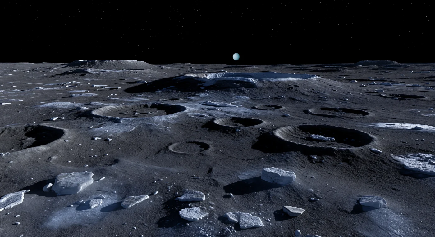 Under a Sun that barely clears the horizon, the polar plain stretches away as a dim expanse of charcoal and blue-gray ice, its ancient surface broken by softened crater rims, low hummocks, frost-dusted blocks, and drifts of dark impact dust pooled in shallow hollows. In the airless vacuum, there is no haze to soften the view, so every ridge and boulder casts a razor-black shadow that runs for kilometers across the ground, while distant cratered uplands remain unnaturally sharp against a perfectly black sky scattered with steady stars. The terrain is built from water-ice bedrock darkened by carbon-rich irradiated material and billions of years of micrometeoroid gardening, giving this battered landscape one of the lowest-reflectivity surfaces among icy moons. Far off, a large crater rim rises with a faint bright patch on its inner slope—an uncommon glimpse of cleaner, fresher ice exposed amid a world that seems frozen in perpetual twilight.