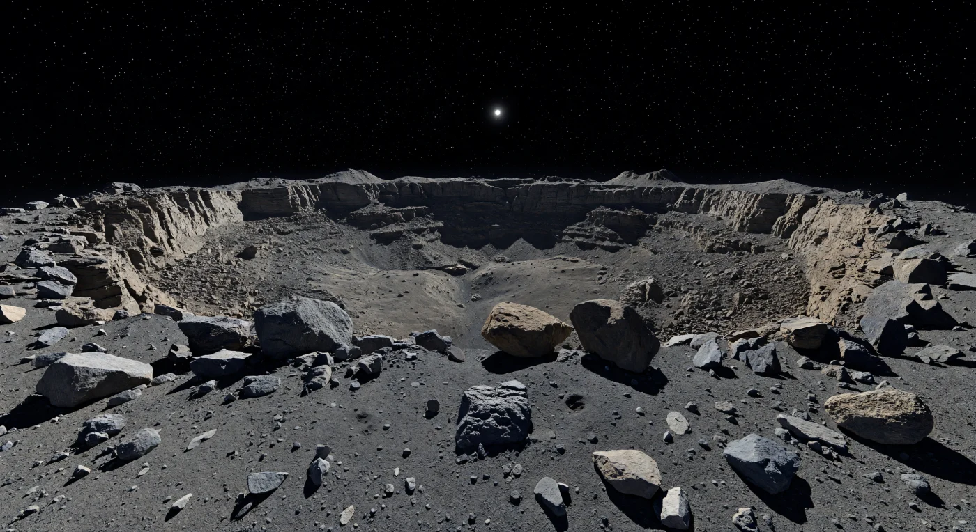 From this narrow rim, the ground drops away almost immediately into a colossal impact basin, the nearby horizon already curving downward to reveal the smallness of the world beneath your feet. Under harsh, undiffused sunlight, every grain of dark basaltic regolith, every shattered plate of crust, and every sharp-edged boulder stands out in neutral grays, brown-grays, and muted tan, while black shadows cut cleanly through terraced cliffs, slump benches, narrow chutes, and angular talus fans. These scarps expose the fractured basaltic crust of a differentiated protoplanet—ancient lava-derived rock later broken and rearranged by catastrophic impacts—while darker exogenic patches, scattered secondary craters, and precariously balanced megablocks record a long history of bombardment in gravity so weak that steep, unstable-looking slopes can persist. Beyond the rubble-strewn escarpment, hummocky plains and low ridges fade into the basin interior beneath a star-filled black sky, where the vacuum makes the scene feel impossibly crisp, silent, and starkly immense.
