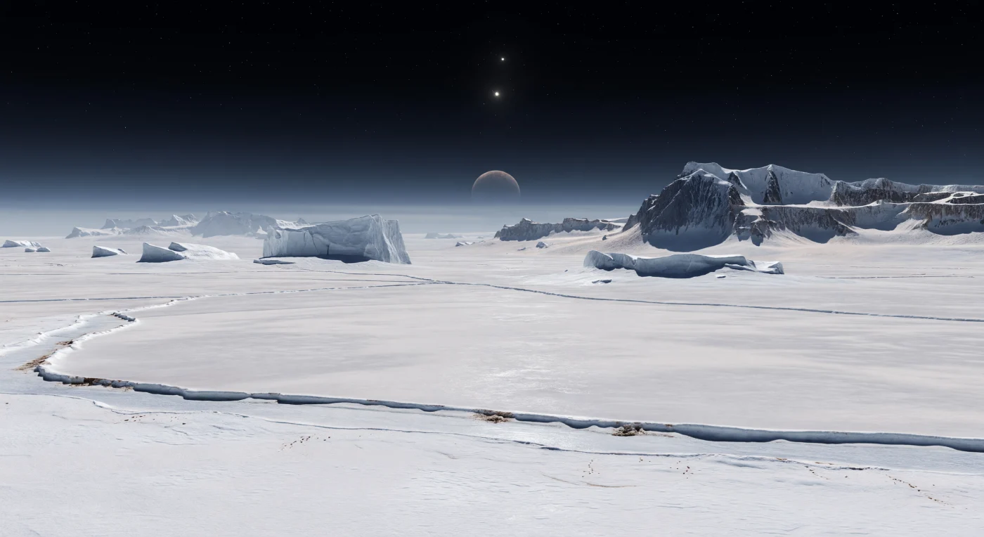 You stand in a broad trough marking the boundary of a giant convection cell, where bright nitrogen ice has piled into low ridges streaked with darker methane-rich and tholin-stained debris, while the surrounding plains spread away in astonishingly smooth, pale polygons. These cells are the surface expression of slow overturning within Sputnik Planitia’s thick sheet of volatile ice, where nitrogen behaves almost like an ultra-cold glacier, rising and sinking over geological time as sublimation and flow subtly sculpt the ground underfoot. On the horizon, great blocks and mountain chains of hard water ice—strong as bedrock at these temperatures—loom like stranded rafts in the softer frozen plain, their shadowed faces tinted blue-black beneath patches of frost. Above, a black sky fades to a delicate blue haze near the horizon, a tiny hard-edged Sun throws razor-sharp shadows across the ridges, and a large distant moon hangs fixed in the stillness, making the whole frozen basin feel immense, silent, and profoundly alien.