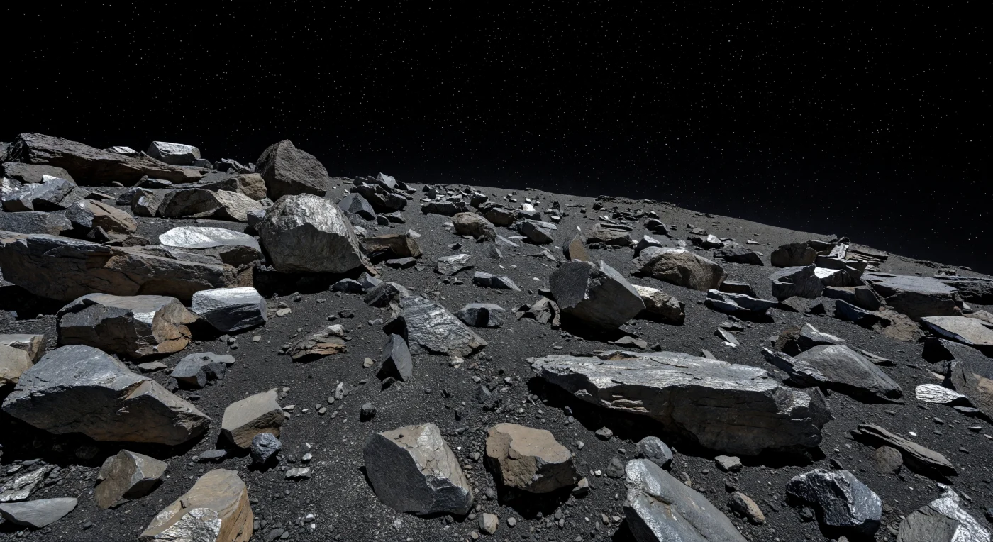 You stand on a steep, treacherous incline where meter-scale angular blocks of iron-nickel-rich rock, metallic breccia, and shattered silicate-metal rubble seem almost impossibly balanced, perched on knife-edge contact points above thin drifts of charcoal-dark regolith dusted with glittering metallic grains. In the hard white sunlight, every fractured face shows dull steel, bronze-gray, and faint rusty-brown weathered tones, while razor-sharp black shadows carve deep voids beneath boulders and ledges, revealing the stark vacuum and complete absence of air. The slope drops away so quickly that the horizon curves startlingly close, a reminder that this is a tiny world where gravity is too weak to pull unstable-looking debris into collapse and where even low ridges and crater rims rise only modestly from the surface. Against the pitch-black sky, with stars still visible beyond the glare, the landscape feels both intimate and immense: a hazardous field of exposed metal-rich geology that may preserve clues to the deep interior materials of an ancient protoplanet.