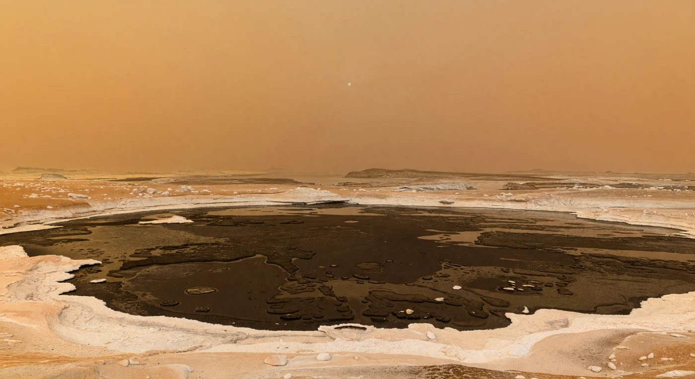 À sua frente estende-se uma bacia polar seca e imensa, um antigo leito lacustre quase plano, onde lodos orgânicos castanho-escuros a negros e sedimentos de hidrocarbonetos com aspeto húmido se quebram em placas poligonais, sulcos rasos e manchas discretamente picotadas por resíduos orgânicos congelados. Ao longo das margens, um anel brilhante em tons de creme, bege pálido e pêssego marca a antiga linha da água: são depósitos evaporíticos de compostos orgânicos precipitados quando lagos de metano e etano recuaram ou evaporaram sob este frio extremo, perto de 94 K. Mais além, planícies baixas de gelo de água — aqui duro como rocha — surgem cobertas por poeira atmosférica alaranjada e seixos gelados arredondados, enquanto pequenas elevações e depressões erodidas se perdem numa névoa espessa. Sob um céu âmbar opaco, saturado por uma atmosfera densa de azoto e neblina fotoquímica, a luz do Sol chega tão fraca e difusa que quase não há sombras, envolvendo toda a paisagem numa claridade melíflua e silenciosa que faz este deserto químico parecer ao mesmo tempo familiar e profundamente alienígena.