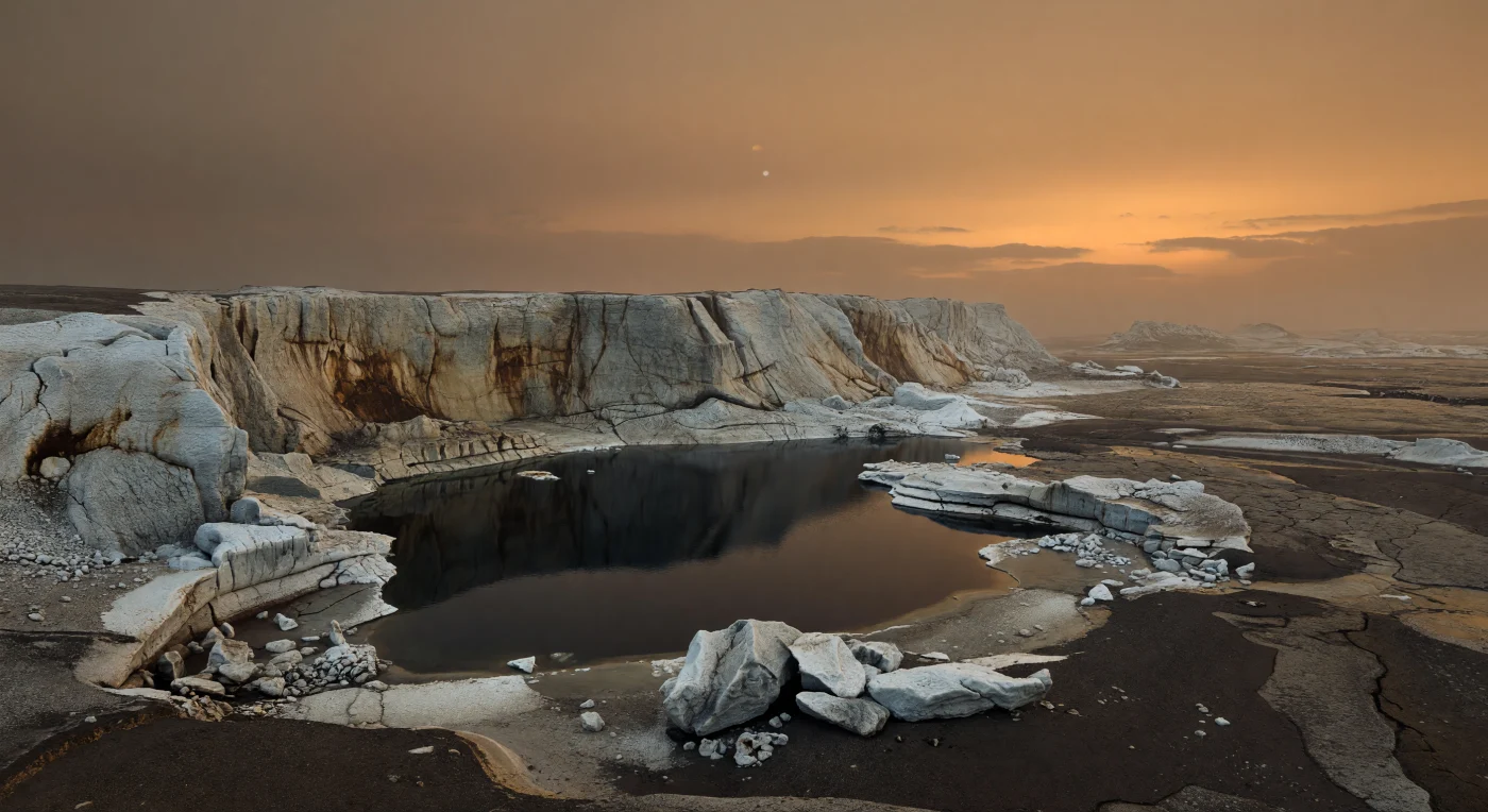 À beira desta depressão polar, o terreno parece ter cedido de forma abrupta, abrindo uma bacia de bordos agudos que mergulha até um lago quase negro, liso como vidro, onde metano e etano líquidos repousam sob um frio de cerca de 94 K. As paredes escarpadas, quase verticais, expõem rocha de gelo de água — aqui tão dura como pedra — em tons sujos de cinzento e azul acinzentado, riscadas por depósitos castanho-alaranjados de compostos orgânicos produzidos na atmosfera e acumulados ao longo do tempo. Junto à margem, blocos de gelo do tamanho de rochedos, terraços fraturados e escombros cobertos de geada sublinham a fragilidade quebradiça destas arribas criogénicas, enquanto a planície polar em redor mostra sedimentos orgânicos escuros, poeira de hidrocarbonetos e discretas fissuras poligonais moldadas por erosão e ciclos sazonais. Por cima de tudo, uma névoa densa âmbar-apricot apaga o horizonte e reduz o Sol a um pequeno disco baço, envolvendo a vasta depressão numa luz difusa e silenciosa que faz este litoral alienígena parecer ao mesmo tempo íntimo, desolado e imenso.
