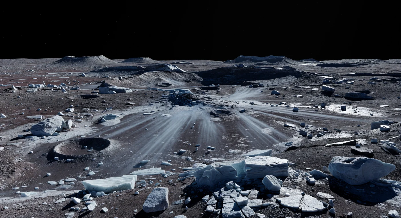 À sua volta estende-se um deserto de impacto gelado e sem ar: um campo de ejecta ondulado, salpicado por blocos angulosos de gelo de água, brechas fracturadas e pedregulhos do tamanho de casas, espalhados sobre um regolito antigo de tons vermelho-acinzentados e carvão escuro. Faixas irregulares de material recém-escavado, em branco-azulado e prata pálida, atravessam o terreno como raios nítidos, marcando o contraste entre gelo mais limpo e uma crosta envelhecida, escurecida por mistura de gelo sujo e material rochoso silicatado. Sob um céu absolutamente negro, sem névoa nem atmosfera para suavizar a luz, um Sol minúsculo mas implacável lança sombras de recorte perfeito que mergulham crateretas, escarpas e depressões numa escuridão de vácuo, enquanto a baixa gravidade deixa montes, bordos partidos e muralhas distantes estranhamente agudos no horizonte. É uma paisagem imóvel e colossal, onde cada relevo conta a história de impactos violentos numa lua gelada e antiga, preservada pelo frio extremo e pela ausência total de erosão atmosférica.