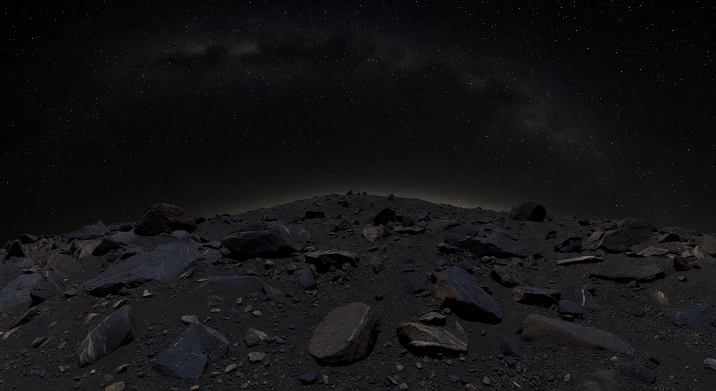 Sob os seus pés estende-se um terreno quase invisível, uma manta de regolito carbonáceo tão escuro que só o brilho das estrelas e um ténue fulgor zodiacal recortam os contornos de blocos angulosos, lajes fraturadas, cascalho grosso e poeira fina acumulada nas depressões. A curvatura do horizonte surge logo ali, abrupta e próxima, denunciando a pequeníssima escala deste mundo de escombros e a sua forma de pião, enquanto pedregulhos do tamanho de casas se erguem como silhuetas negras contra uma Via Láctea intensamente luminosa num céu sem crepúsculo, sem névoa e sem qualquer filtragem atmosférica. As rochas, ricas em carbono, mostram apenas sugestões de tons ardósia e castanho-enegrecido, por vezes cortadas por discretos veios mais claros e marcas de minerais hidratados, vestígios primitivos dos materiais que remontam aos primórdios do Sistema Solar. No vácuo absoluto e sob uma gravidade ínfima, tudo parece precariamente pousado, como se a paisagem inteira pudesse desfazer-se com um toque, deixando-o sozinho entre a negrura do solo e a nitidez impossível das estrelas.