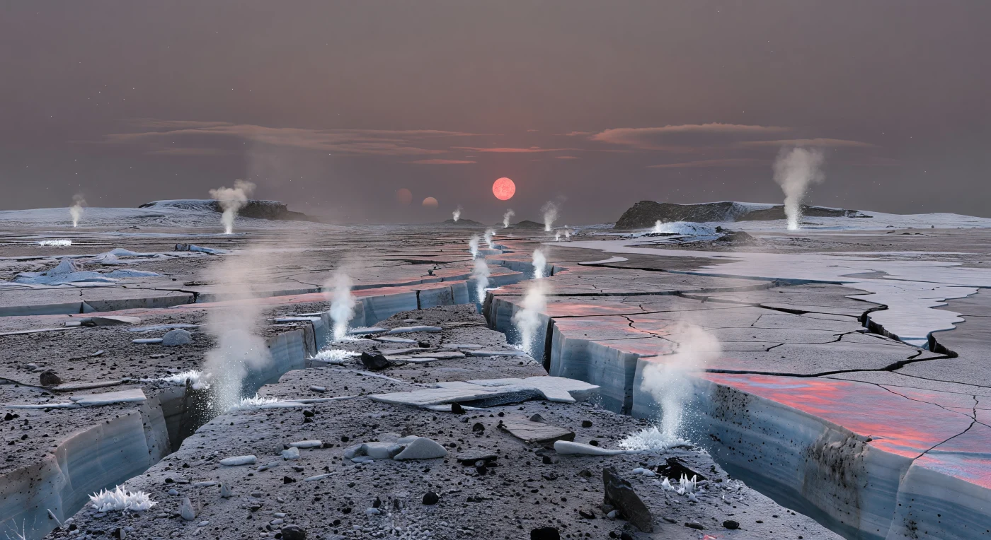 À altura do solo, a planície parece uma carapaça de gelo espesso e pesado, rasgada por fendas tectónicas quase retilíneas que se perdem no horizonte, onde paredes de gelo estratificado azul-esbranquiçado, manchado por poeira silicatada e grãos minerais negros, brilham sob uma luz vermelha oblíqua. De várias fissuras erguem-se plumas brancas de vapor e cristais de gelo cintilantes, sinais de criovulcanismo num mundo provavelmente rico em voláteis, onde gelos de água e detritos rochosos se misturam numa crosta jovem, deformada por grabens, placas poligonais fraturadas, escoadas congeladas e cristas de pressão moldadas por uma gravidade superior à da Terra. A atmosfera, densa mas gélida e rica em azoto segundo cenários plausíveis, mantém um crepúsculo permanente de tons malva, violeta acinzentado e rosa fumado, enquanto a estrela anã vermelha, baixa sobre o horizonte, tinge de rosa, carmim e violeta ténue as arestas translúcidas do gelo e lança sombras suaves sobre blocos colapsados e ondulações geladas. Tudo transmite uma quietude pesada e alienígena, interrompida apenas pelo sussurro dos respiradouros gelados, como se o terreno inteiro respirasse lentamente no limite entre a noite eterna e a luz.
