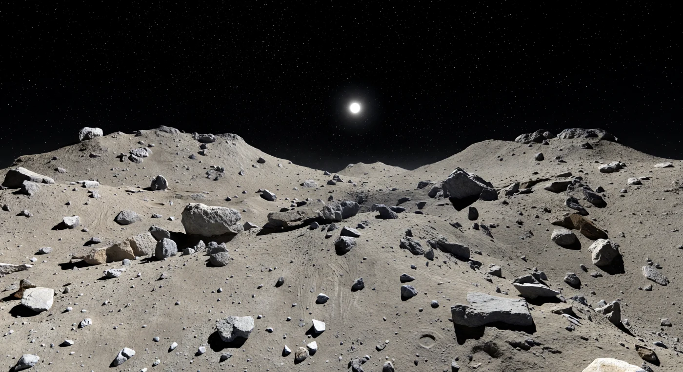 Aqui, no estreito “pescoço” entre as duas porções mais largas do asteroide, o terreno parece comprimido e dobrado sobre si mesmo: lajes rochosas escuras emergem sob uma película rala de regolito bege-acinzentado, entre blocos angulosos, seixos partidos por impactos e pedregulhos que parecem mal assentes na gravidade quase inexistente. As encostas cruzam-se em sulcos rasos e pequenas depressões onde o pó se acumula em finos “lagos” de regolito, enquanto crateras frescas, rochas parcialmente soterradas e longas estrias estruturais registam uma superfície silicática antiga, moldada por colisões e pela lenta migração de detritos num mundo sem ar. O horizonte, incrivelmente próximo e curvado em várias direções, revela a escala diminuta deste corpo irregular: as “elevações” ao longe são apenas ressaltos nodosos e escarpas de poucas dezenas de metros, não montanhas, mas parecem envolver o observador como as paredes de uma paisagem fechada no vazio. Sobre tudo isto estende-se um céu negro absoluto, salpicado de estrelas nítidas mesmo sob a luz brutal do Sol, cujos raios sem atmosfera criam contrastes extremos entre facetas ofuscantes e sombras negras, frias e cortantes, dando à cena uma beleza árida e profundamente extraterrestre.