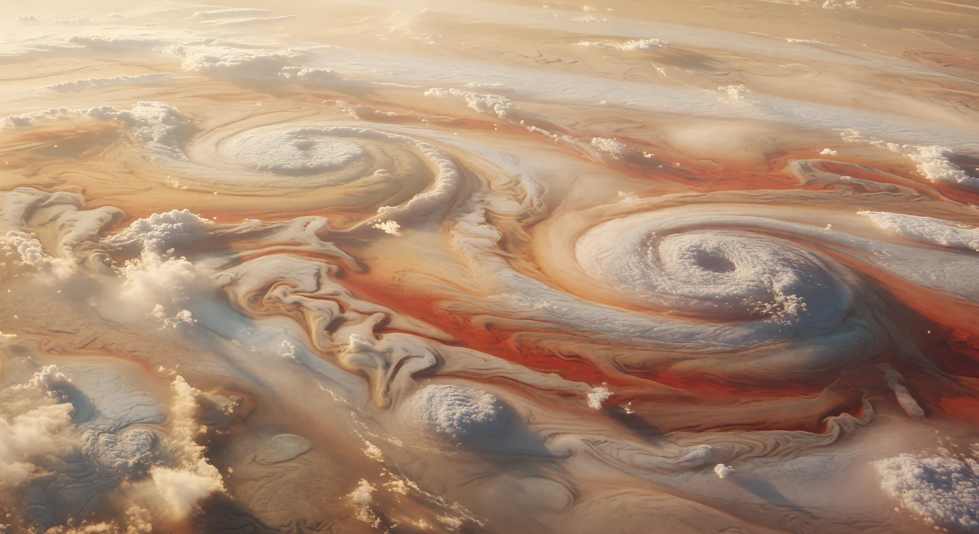 You are hovering above no land at all, only a vast undulating deck of ammonia-ice and ammonium-hydrosulfide clouds where the outer wall of the giant storm rises in sweeping anticyclonic arcs of pale cream, salmon, rust, and muted brick red. Kilometer-high cloud ramparts curl away over the horizon, their scalloped edges, filamentary streamers, and shadow-filled vortical hollows shaped by powerful shear winds in an atmosphere of mostly hydrogen and helium, with color supplied by deeper chemical hazes and descending material. Overhead, the sky is a dense luminous vault of beige-gold and faint reddish tan, where a tiny distant Sun glows through aerosol haze and casts warm peach light across the crests while troughs sink into cool bluish-gray shadow. Fine ice crystals and drifting veils of condensate soften the scene, but the scale remains immense: continent-sized storm structure alive with turbulence, motion, and the charged, restless energy of a world with no solid surface anywhere beneath you.