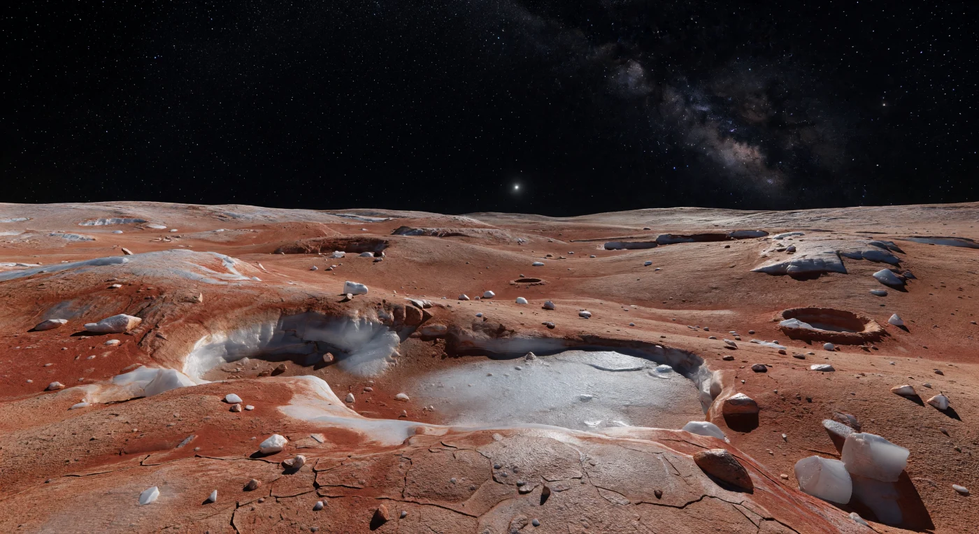 You stand on a vast, gently heaving upland of ice and organic residue, where salmon, tawny, rust-red, and orange-brown crust stretches to a low far horizon under a pure black sky crowded with hard, unmoving stars. The ground is brittle and granular, broken into polygonal plates, sharp frost-cemented pebbles, angular ice blocks, and meter-high scarps whose fractured faces reveal cleaner white-gray ice beneath a darker veneer stained by tholins—complex organic compounds forged as methane-rich surface ices are altered by relentless radiation over immense spans of time. In shallow hollows, fresh methane frost lies undisturbed in luminous patches, sparkling faintly in the weak, distant sunlight, while softened ancient craters and long subdued ridges speak of an airless world where there is no wind, no rain, and almost no erosion to erase the record of billions of years. Everything feels frozen beyond intuition: the sunlight is dim yet razor-sharp, the shadows are perfectly black, and the broad rolling terrain seems to fade not into haze, but straight into the vacuum of deep space.