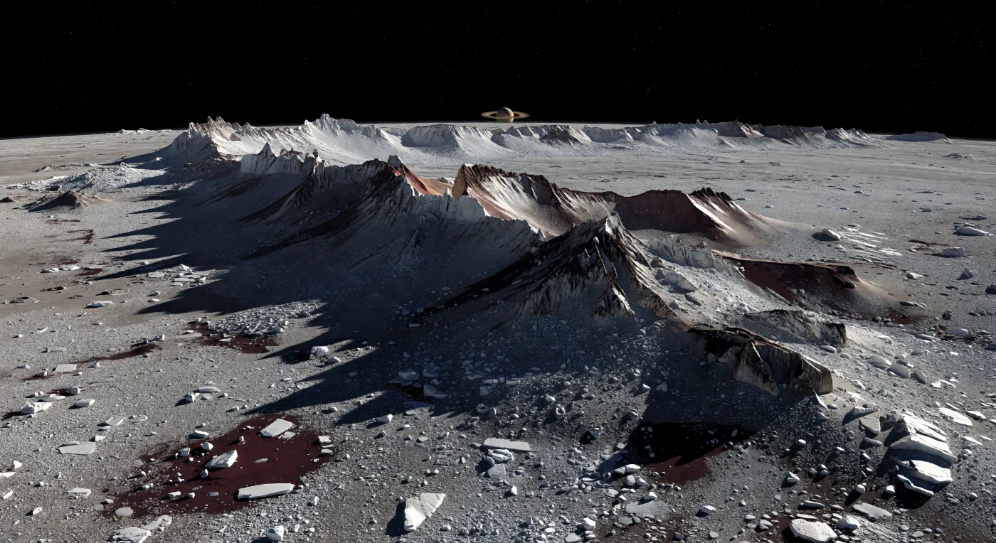 At the equator, the landscape is dominated by a colossal ridge that rises straight from the frozen plain like a shattered wall, its steep triangular peaks and serrated crest marching into the distance under a low, cold sunrise. Sunlight glances off exposed water ice in pale gray-white flashes, while most slopes are draped in the dark reddish-black dust of Cassini Regio, a thin mantle that deepens the contrast between bright ice, charcoal rubble, and the featureless black shadows stretching for kilometers across the curved horizon. The ground at your feet is a harsh regolith of icy gravel, broken slabs, talus, and impact-shattered boulders, telling of an ancient surface shaped by impacts, slow mass wasting, and the preservation of razor-sharp relief in extremely low gravity and an airless environment. Above it all, the sky is pure black with no haze or glow, and the small distant Sun casts light so stark and crisp that the entire scene feels both silent and monumental, as if you were standing beside the edge of a frozen world split by a mountain chain no atmosphere has ever softened.