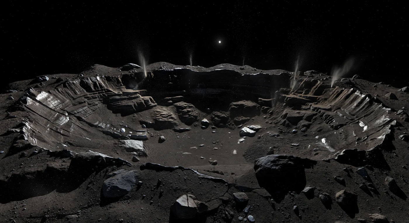 A vast scalloped basin sinks into the comet’s near-black surface, its broken rims, arcuate scarps, and stepped collapse terraces dropping through brittle crust and hummocky debris to a smoother floor mantled in charcoal-colored dust. In the harsh, airless sunlight, razor-sharp shadows carve out layers and fractures in the dark organic-rich crust, while a few dull bluish-white patches of exposed dirty ice glint from fresh scarps and shadowed recesses, hinting at volatile-rich material hidden below the devolatilized surface. Narrow jets of gas and dust rise from sunlit cracks along the rim, lofting grains and icy particles in slow, delicate arcs that seem to hang above the ground in the comet’s feeble gravity. Beyond the basin, the horizon falls away abruptly and curves close at hand beneath a pure black sky, making this several-hundred-meter depression feel immense on a tiny, porous world that is still actively reshaped by sublimation and collapse.