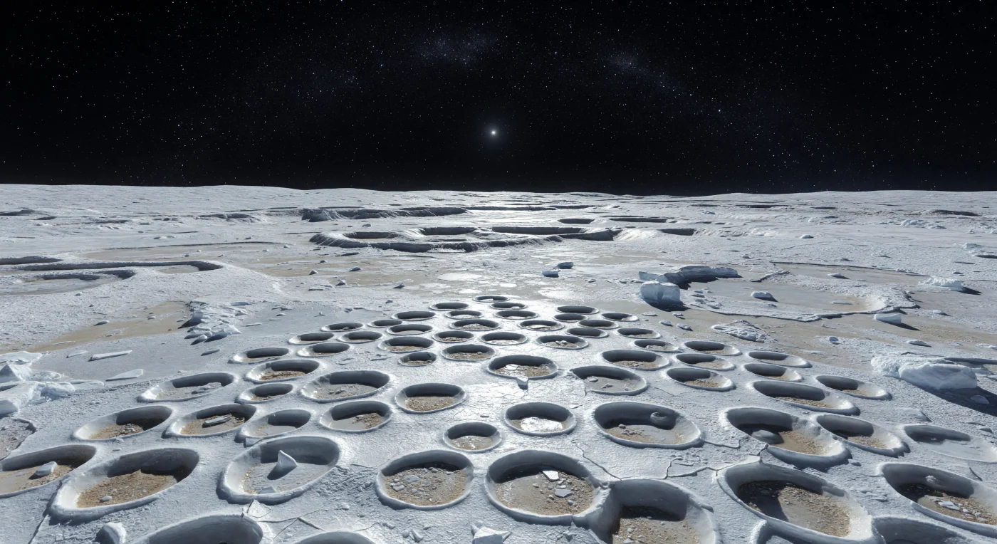 At ground level, the plain resolves into a tight mosaic of scalloped pits, as if the brilliant frost has been eaten away cell by cell, leaving sharp polygonal rims, undercut ledges, and steep pale walls that fall into darker hollows. This terrain is carved by sublimation: over immense spans of time, ultra-cold nitrogen and methane ices retreat directly from solid to gas in the near-perfect vacuum, while faint tan-brown residues of tholin-rich dust and other nonvolatile material collect in the pit bottoms as a lag deposit. The surface between the depressions is crusted and fractured, with glassy patches, brittle plates, and scattered angular ice blocks preserved by the deep freeze, while the close, subtly curved horizon hints at a small world under weak gravity. Above it all hangs an abyssal black sky crowded with sharp stars, where the far-off Sun shines only as a piercing point, casting hard-edged shadows that make the white and silver-gray frost feel at once pristine, fragile, and profoundly alien.