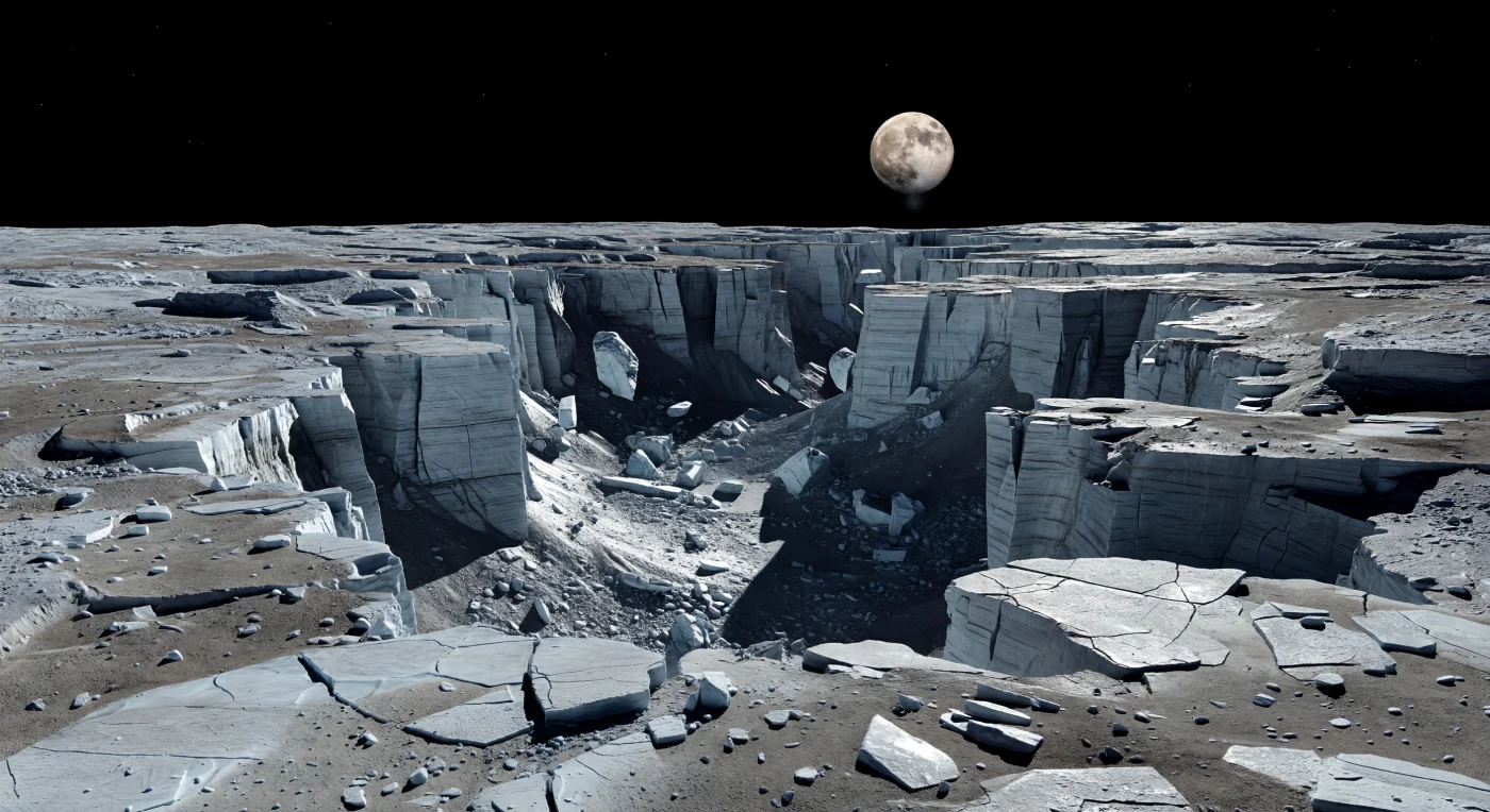 From the rim, the ground is a brittle terrace of silver-gray and pale bluish water-ice bedrock dusted with darker particulate lag, where tiny angular boulders and sharp fracture patterns lead the eye to an abrupt drop into a colossal fault-bounded chasm. Kilometer-high cliffs of rock-hard ice plunge almost vertically into blackness, broken into stepped scarps, detached crustal blocks, polygonally cracked walls, and frozen slump aprons that record the stretching and breaking of an ancient icy crust in this low-gravity world. With no atmosphere to soften the view, the small distant Sun casts hard, cold light and knife-edged shadows that exaggerate every ledge and fissure, while the canyon system marches toward the horizon through linked grabens and shattered uplands into cratered plains beyond. Above the stark charcoal-and-steel landscape, a huge softly mottled disk hangs in the black sky, making the scene feel both eerily silent and immense—as if you are standing at the edge of a frozen tectonic wound carved into an airless shell.