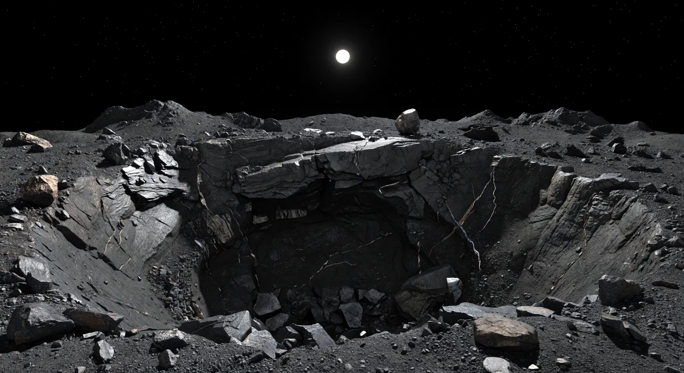 At ground level inside the crater, a broken slab of iron-nickel-rich bedrock juts from the inner wall to form a shallow overhang above a recess so dark it seems to swallow light itself, with only faint reflections tracing dull silver edges, jagged fracture planes, and heaps of angular rubble below. The surrounding terrain is a dense scatter of metallic gravel, shattered boulders, and brecciated rock—a mix of exposed metal and silicate debris produced by repeated impacts—while thin brighter veins and blocky outcrops hint at the unusually metal-rich crust beneath your feet. In the airless vacuum, sunlight arrives as a hard, distant beam, casting razor-sharp shadows with almost no softening, so the abyss under the ledge remains nearly featureless black and the few glints on nearby surfaces feel cold rather than bright. Beyond the crater rim, the horizon curves away startlingly close on this tiny world, and low jagged rises only tens of meters high look like miniature mountains, making the whole scene feel both claustrophobic and immense at once.