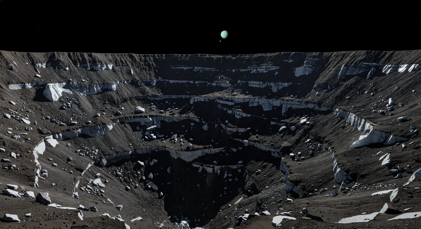 From the interior rim, the crater wall drops away in immense stepped terraces where whole slabs of crust have sagged and rotated downward, their broken arcuate scarps exposing pale water-ice beneath a surface darkened by carbon-rich material and long space weathering. Angular boulders, shattered icy regolith, and broad talus aprons spill down each bench in low gravity, while fine black dust gathers on the flatter ledges and small secondary craters pockmark the older slump blocks. In the cold, hard sunlight of the outer Solar System, every rim and fracture throws a razor-edged shadow, and the descent vanishes into a black interior abyss where only a few frost-bright streaks cling to the steepest, cold-trap faces. Above the stark charcoal landscape, the sky is airless and perfectly black, with a tiny distant Sun and the softly glowing cyan disk of Uranus hanging over a scene that feels both silent and colossal.