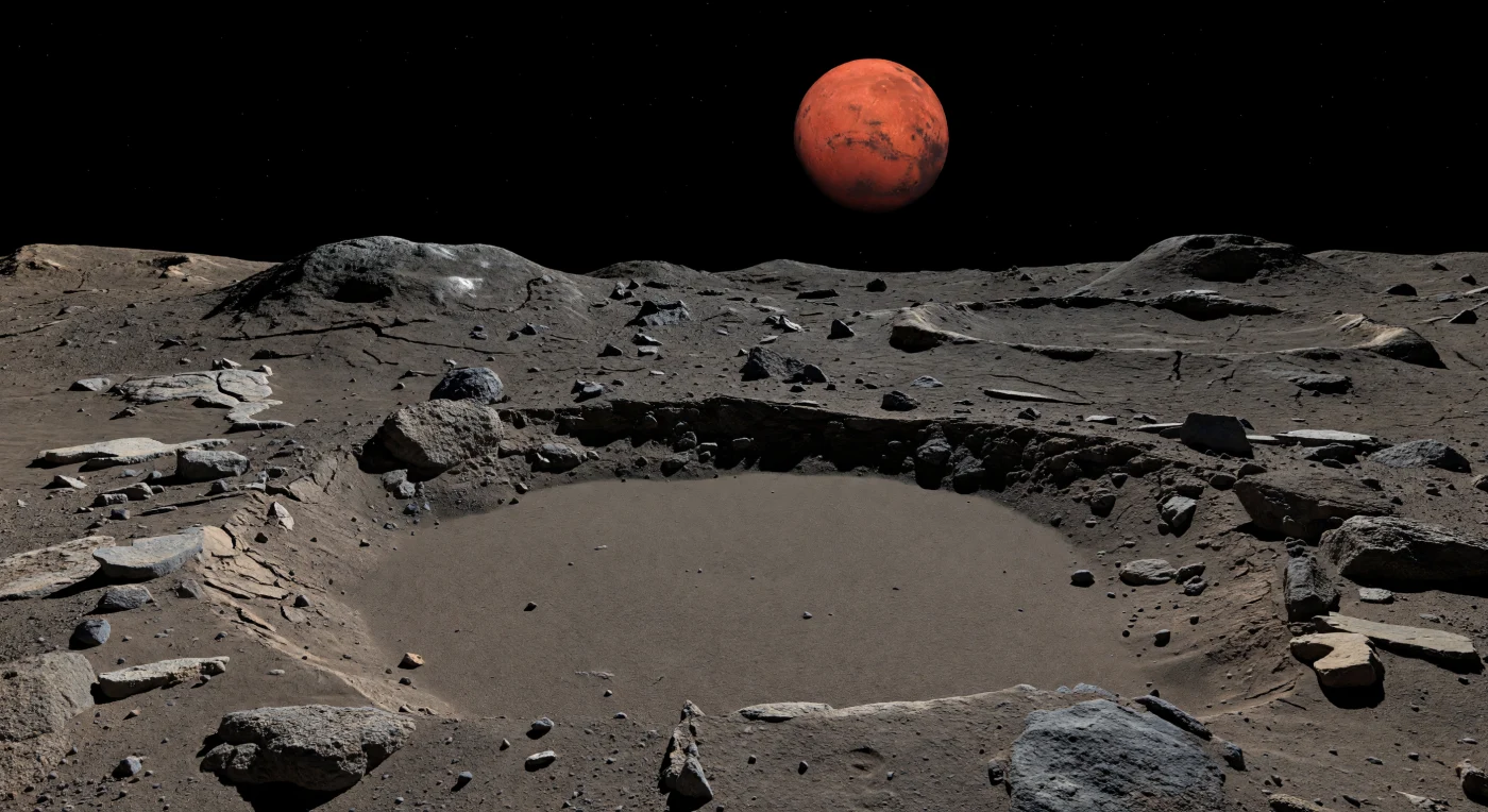 At ground level, the eye is drawn to a quiet, shallow hollow where ultra-fine regolith has settled into an eerily smooth, pond-like sheet of matte brown-gray dust, so level and velvety that only a few dark pebbles and angular clasts break its surface. Around this pocket of stillness, the terrain turns abruptly rough—fractured slabs, porous carbonaceous-chondrite-like boulders, coarse debris, micro-craters, and groove-related cracks record countless impacts and the restless shifting of dust in gravity so weak that loose material can drift and bank against rock edges with only the slightest disturbance. Under a hard, high Sun in airless vacuum, every texture appears razor-sharp: shadows crouch tightly beneath stones, deeper fractures fall into blackness, and the battered plain beyond rises into a hummocky horizon marked by an old crater rim. Above it all, a pure black sky and the looming rust-red disk of nearby Mars make the scene feel both intimate and immense, as if you are standing inside a silent basin of powder on the surface of a shattered worldlet.