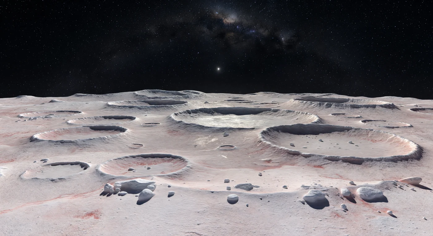 From this frozen ground-level view, the highlands unfold as a vast quilt of overlapping ancient craters, low ridges, and broad bowl-shaped depressions whose once-sharp rims have been muted by repeated coatings of methane and ethane frost. The surface glows in subdued cream, pale pink, and faded red tones, where bright volatile ices mingle with darker tholin-rich material produced by long exposure to radiation, while scattered rounded icy blocks sit half-buried in weakly cohesive frost-regolith under low gravity. In the dim sunlight—reduced here to the illumination of a brilliant distant star—silvery highlights gleam on frost-mantled basin floors and shadows fall razor-sharp into the shallow hollows, emphasizing a landscape that has remained rigidly frozen near 40 kelvin for billions of years. Above, with no atmosphere to soften the view, a pure black sky crowded with stars and crossed by the Milky Way makes the softened crater rims fading over the body’s gentle curvature feel both intimate underfoot and immense beyond sight.
