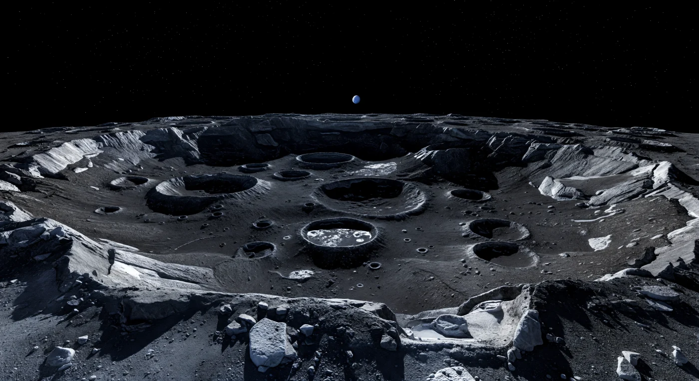 From this jagged crater rim at the day-night boundary, a desolate sweep of charcoal-dark ice and dusty regolith drops away into nested basins, softened ancient walls, and low ejecta hummocks that march toward a distinctly curved horizon. In the hard, low-angle sunlight, only the highest ridges and occasional cleaner ice exposures catch a cold silver-gray glow, while every hollow and crater floor falls into razor-edged blackness under an airless sky. The surface here is thought to be dominated by water ice darkened by carbon-rich non-ice material and billions of years of impact gardening, preserving one of the most ancient and heavily cratered landscapes in the outer Solar System. Above the stark terrain, a tiny white Sun and a small blue-green disk suspended in star-speckled blackness make the silence feel immense, as if you are standing on the rim of a frozen world where time, light, and geology move at almost unimaginable scales.