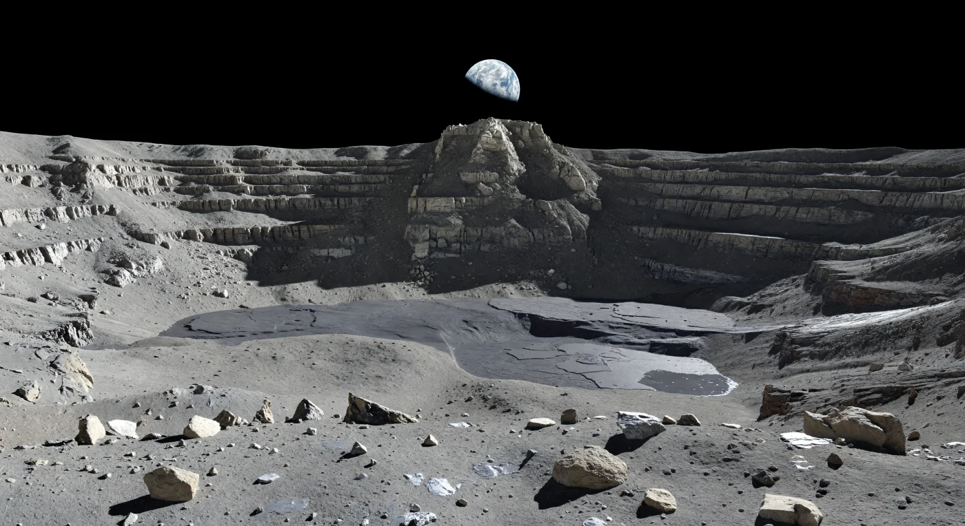 You stand on a floor of powdery gray regolith and shattered highland rock where every grain, breccia fragment, and glassy splash of once-molten ejecta lies perfectly preserved in the Moon’s airless stillness, untouched by wind or water. Around you, colossal stair-step terraces slump down the crater walls in frozen landslides, exposing pale anorthositic crust and talus-choked scarps, while darker, smoother sheets of impact melt spread across parts of the floor in lobes and cracked ponds that record the immense heat of the collision that carved this basin. Beyond them, a steep, block-strewn central peak towers upward—deep crustal material rebounding from the impact and thrust skyward into a jagged massif under one-sixth Earth gravity. In the black, atmosphere-free sky, low sunlight slices across the landscape with brutal clarity, casting razor-edged shadows, while Earth hangs luminous above the horizon, making the crater feel at once silent, immense, and profoundly near to home.