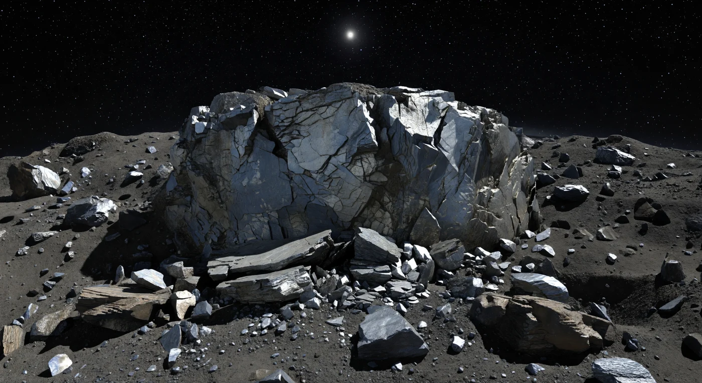A near-vertical scarp rises from the surface like a wall of torn metal, its fractured face split into jagged plates of steel-blue and dull silver iron-nickel bedrock, crossed by black seams and stained with brown-gray space-weathered tarnish. At its foot, angular slabs, sharp boulders, and dark metallic dust lie in a rubble field that seems almost delicately balanced, a reminder that in this tiny world’s weak gravity even steep, unstable-looking forms can persist for long spans of time. The horizon curves away startlingly close, underscoring the small scale of the body, while the airless sky remains pitch black and crowded with stars even in daylight beneath a smaller, hard-white Sun. With no atmosphere to soften the light, every fracture and shard throws a razor-edged shadow, making the landscape feel cold, silent, and eerily like the exposed interior of an ancient protoplanet.