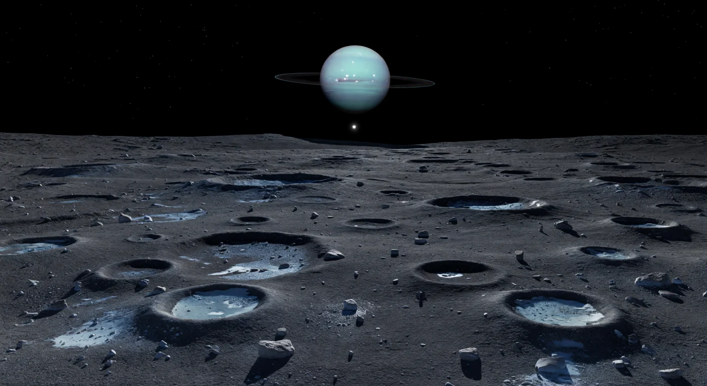 A dark, ancient plain rolls away in low hummocks and softened crater rims beneath a black sky, its charcoal regolith—likely a mix of water ice darkened by radiation processing and carbon-rich contaminant material—broken by chair-sized angular blocks and occasional brighter frost clinging to shaded crater walls. In the weak, distant sunlight, small craters stay sharply defined in the moon’s low gravity, with delicate raised rims and slightly steeper inner slopes, while broader overlapping depressions and subdued ejecta ridges hint at a surface that has endured impacts for immense spans of time with little internal resurfacing. Fixed above the horizon hangs an enormous pale cyan disk nearly fourteen degrees wide, crossed by a threadlike ring plane, casting a faint blue-green planetshine that seeps into the otherwise ink-black shadows. The result is a landscape of immense stillness and scale: airless, frozen, and geologically ancient, where the curved horizon feels close, yet the silence and the giant world overhead make the scene feel boundless.