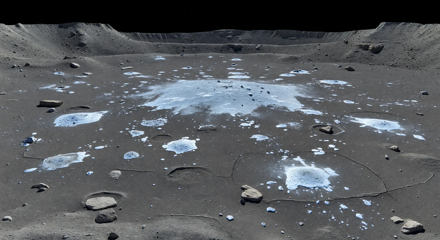 Across the dark floor of Occator, the Vinalia bright patches spread out as irregular islands and crusty splashes of bluish-white salt, stark against smooth gray plains of fine-grained hydrated silicates and compacted dust. These high-albedo deposits are rich in sodium carbonate and other salts left behind as brines reached the surface and froze or sublimated away, part of a landscape reshaped by cryovolcanic resurfacing, low fractures, and subtle polygonal cracking. In the hard, cold midmorning sunlight, every edge looks unnaturally sharp: black shadows cut beneath broken slabs and scattered boulders, while the brightest crusts flash with icy glints under a Sun much smaller than seen from Earth. Beyond them, the crater’s distant inner walls rise in crisp terraces against a pure black sky, where the lack of a true atmosphere leaves the scene silent, airless, and immense.