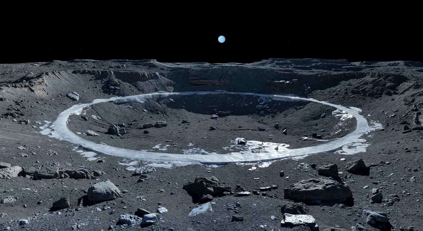 From the floor of this ancient crater, the landscape is a study in darkness and ice: jagged charcoal and steel-gray rubble stretches outward under a pure black sky, while a broad, ghostly arc of bluish-white ice gleams across the midground like a frozen ring laid into the crater’s interior. That bright annulus is thought to expose cleaner water ice than the surrounding terrain, which is heavily darkened by carbon-rich contaminants and radiation-processed surface materials, making the contrast especially stark on one of the most low-albedo icy worlds in the outer Solar System. In the airless vacuum, a tiny distant Sun casts hard, cold light and razor-sharp shadows over terraces, slump deposits, and softened crater walls, while low gravity and minimal erosion preserve the battered texture of overlapping impacts for immense spans of time. Above it all hangs Uranus as a pale cyan disk, larger than the Sun in this sky, turning the silent crater into an immense, lonely amphitheater of ancient ice and stone.