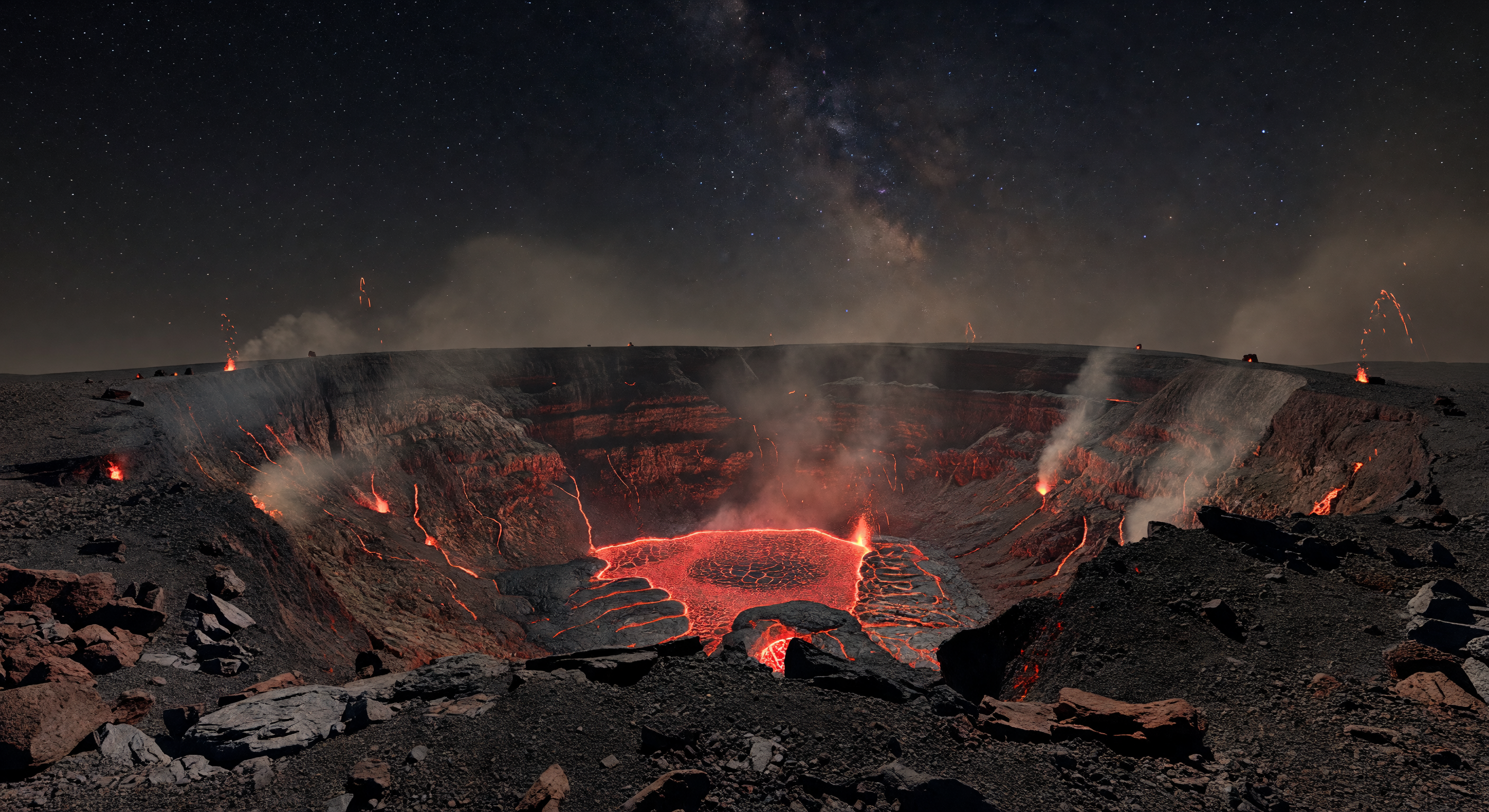 Active Volcanic Crater at Night with Lava Glow