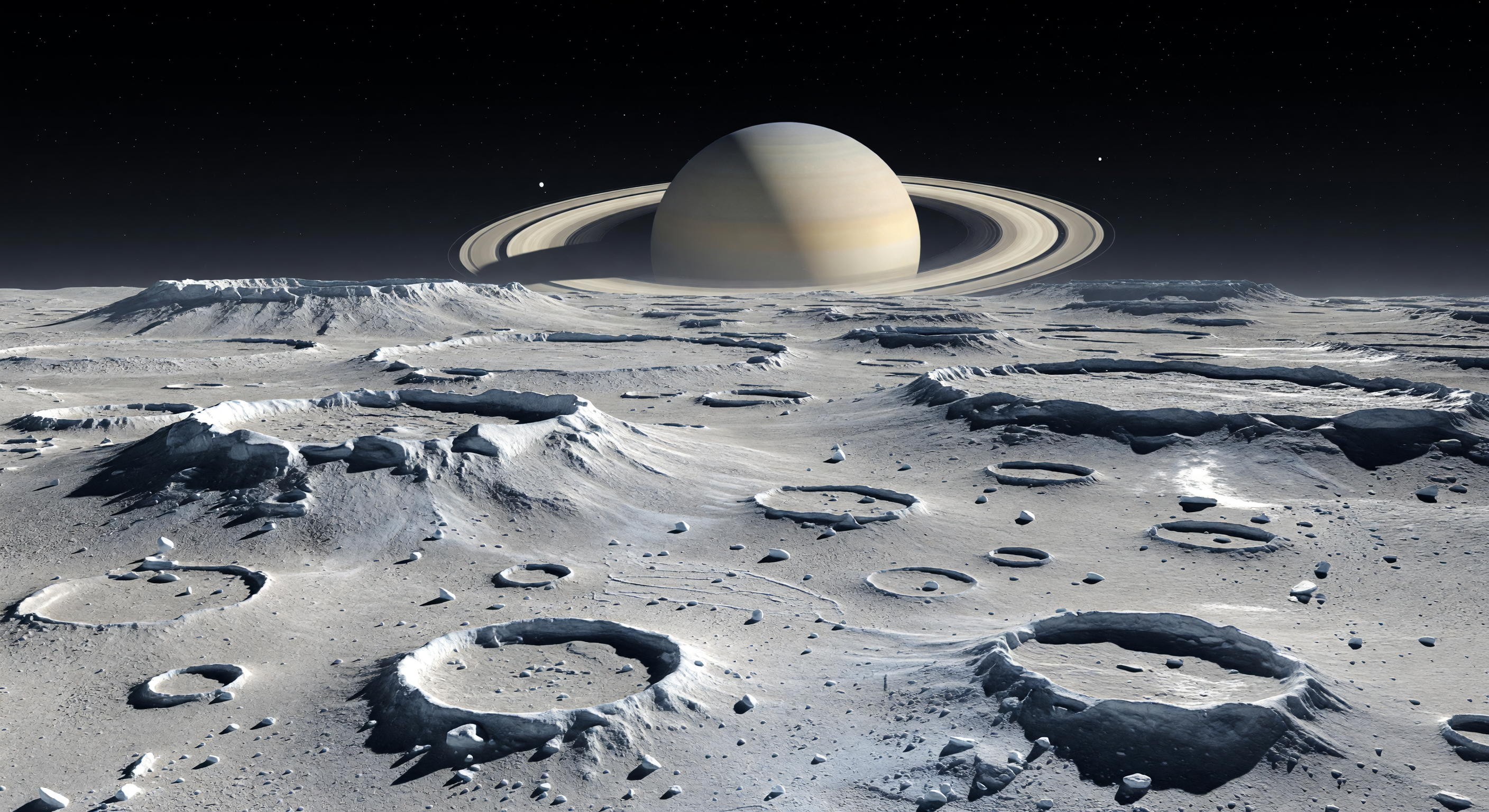Saturn Over Cratered Highlands